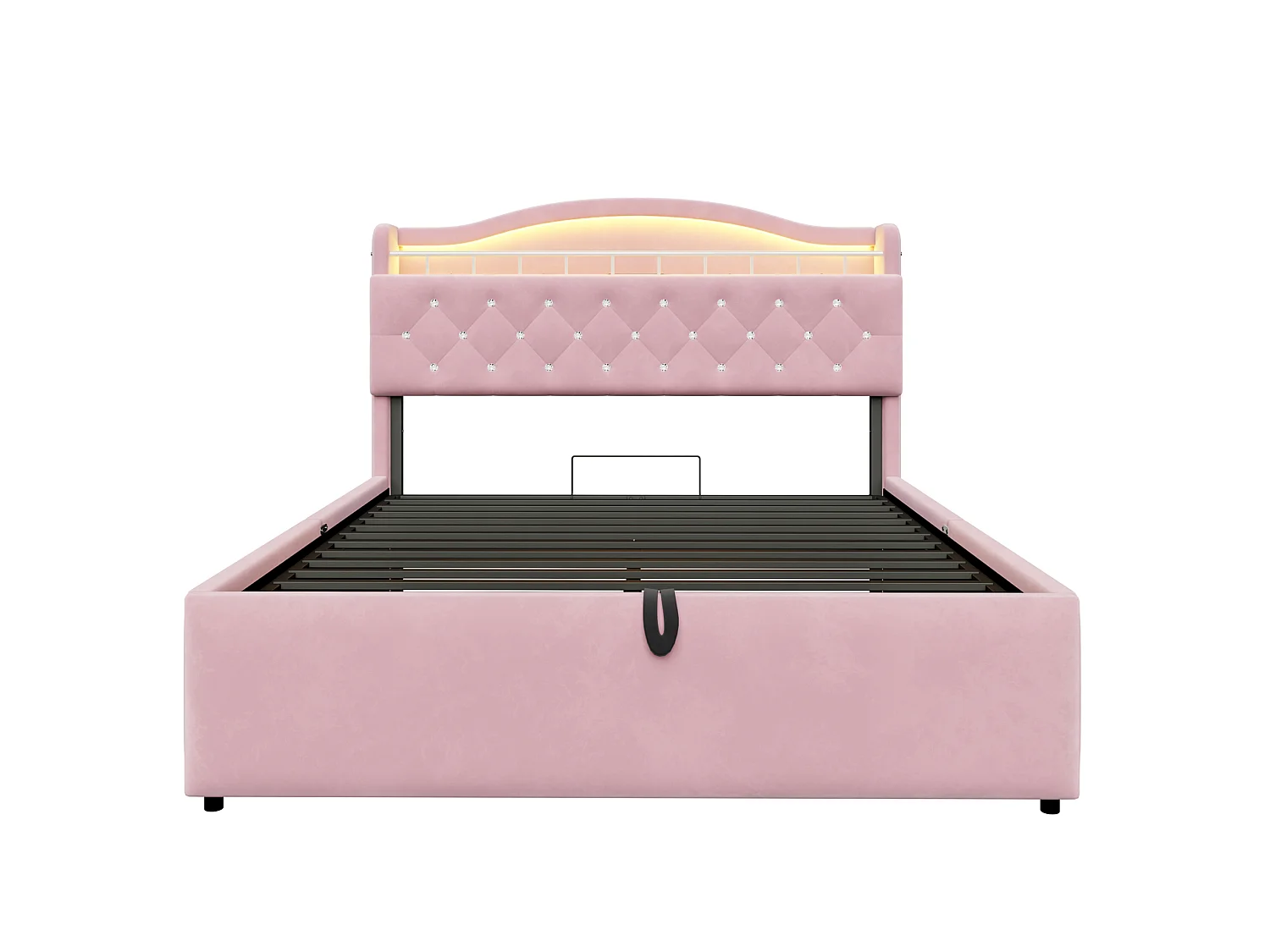 Lit coffre adulte 140x200 cm avec LED et ports USB/USB-C - Velours rose