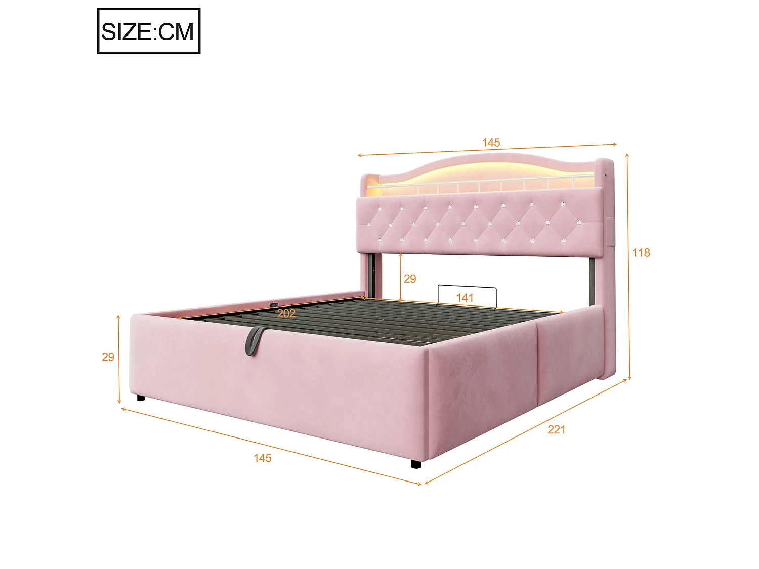 Lit coffre adulte 140x200 cm avec LED et ports USB/USB-C - Velours rose