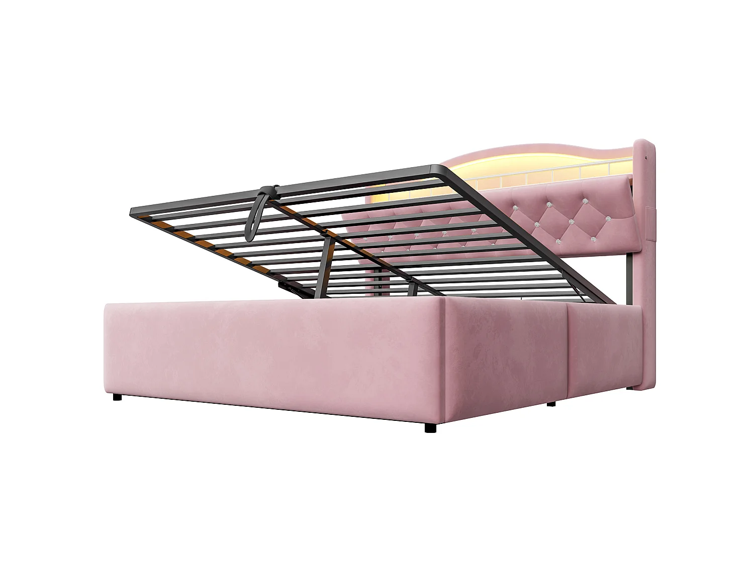 Lit coffre adulte 140x200 cm avec LED et ports USB/USB-C - Velours rose
