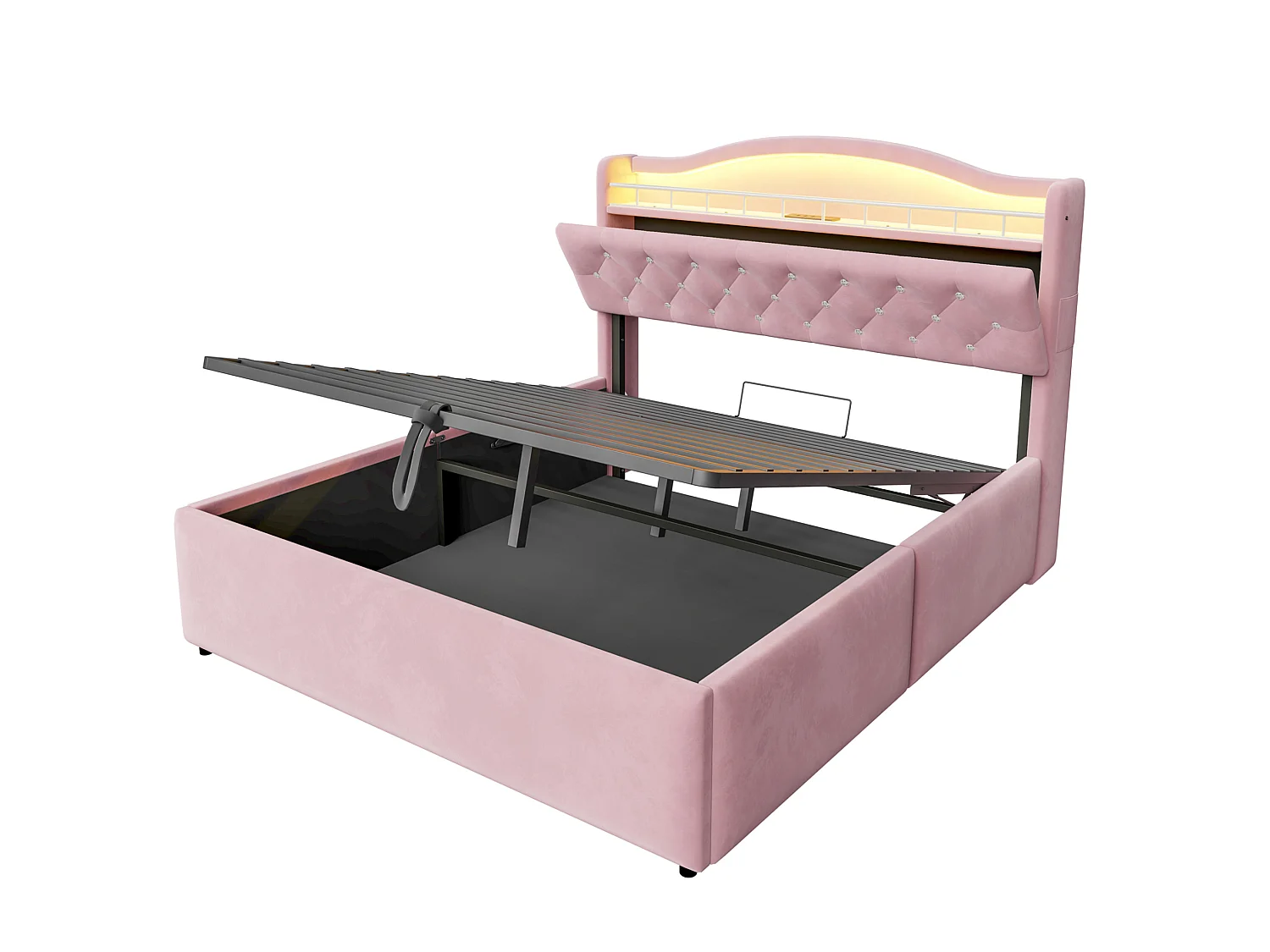 Lit coffre adulte 140x200 cm avec LED et ports USB/USB-C - Velours rose