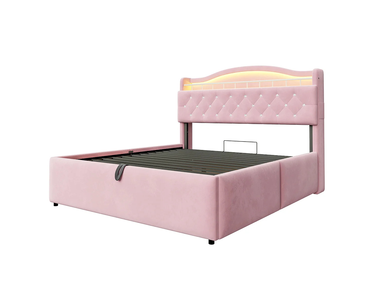 Lit coffre adulte 140x200 cm avec LED et ports USB/USB-C - Velours rose