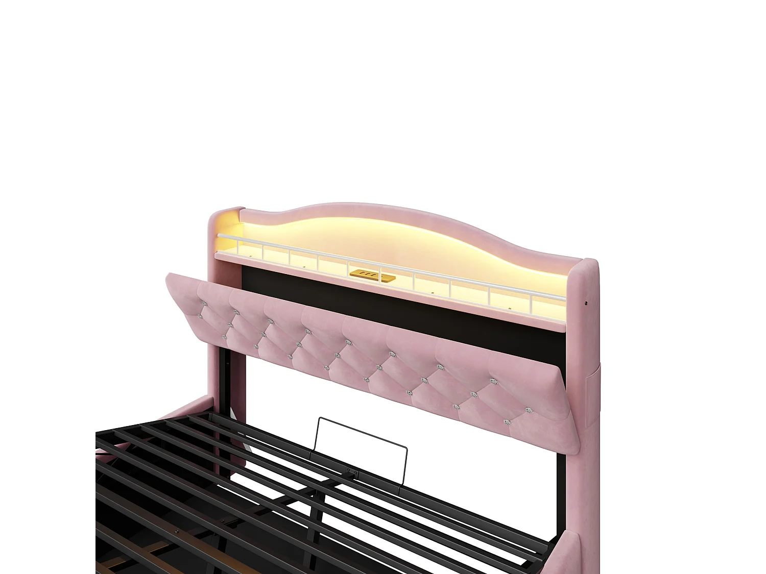 Lit coffre adulte 140x200 cm avec LED et ports USB/USB-C - Velours rose
