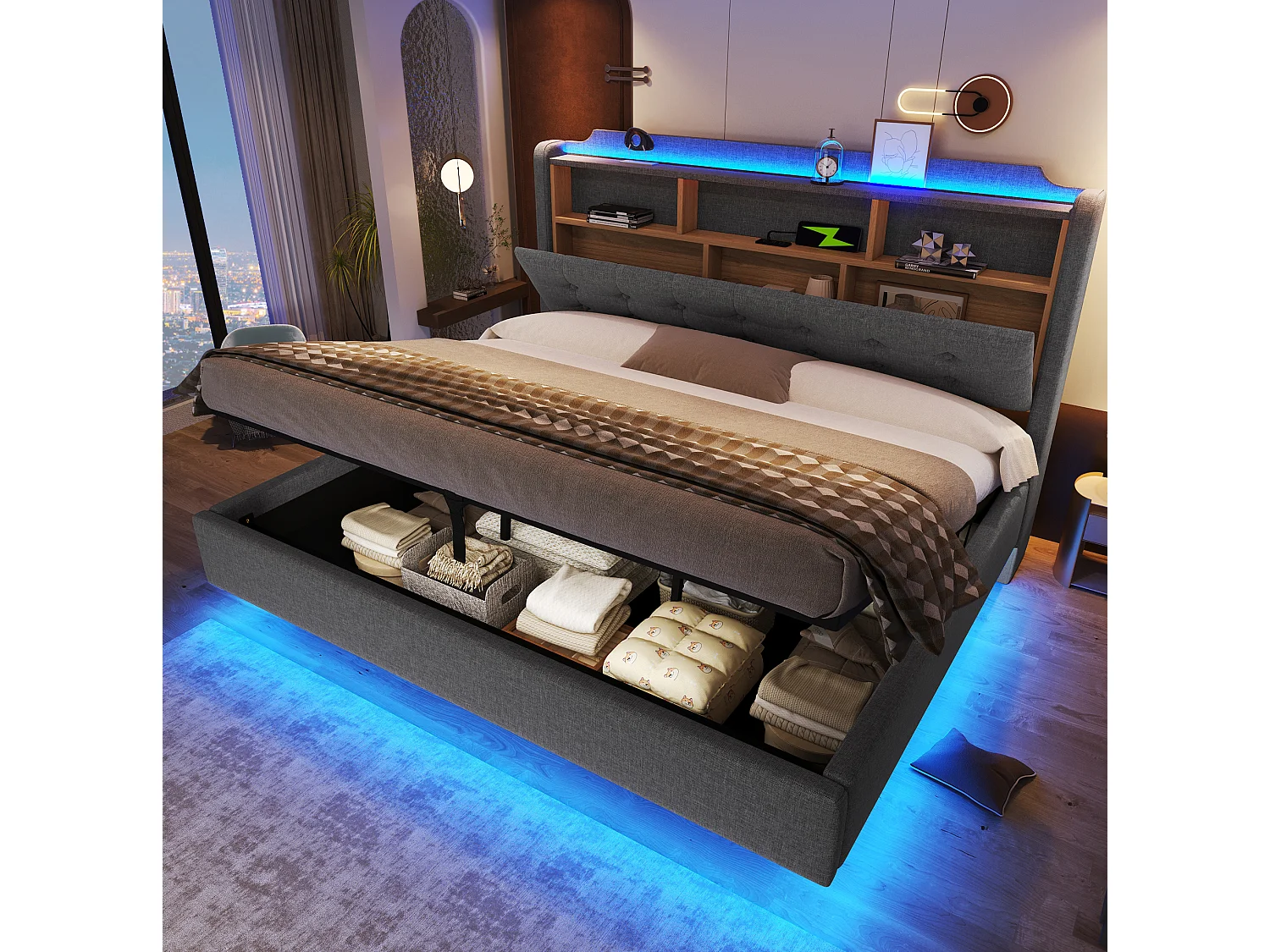 Letto contenitore in lino grigio 180x200 cm con LED, USB e vano contenitore