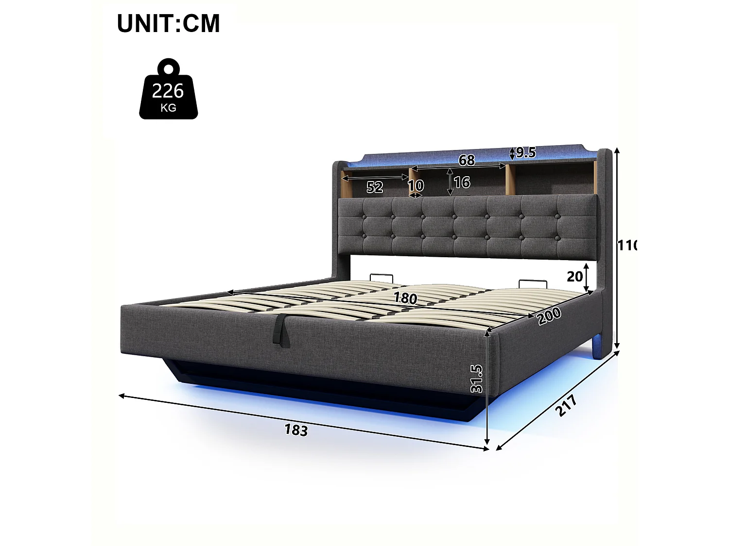 Letto contenitore in lino grigio 180x200 cm con LED, USB e vano contenitore