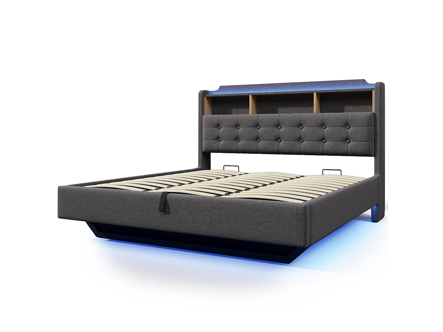 Letto contenitore in lino grigio 180x200 cm con LED, USB e vano contenitore
