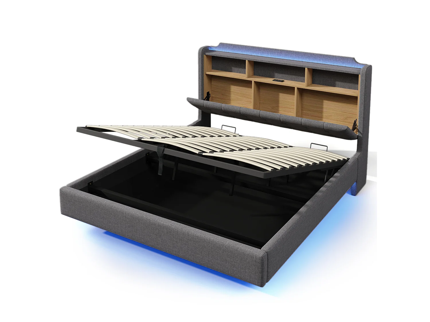 Letto contenitore in lino grigio 180x200 cm con LED, USB e vano contenitore