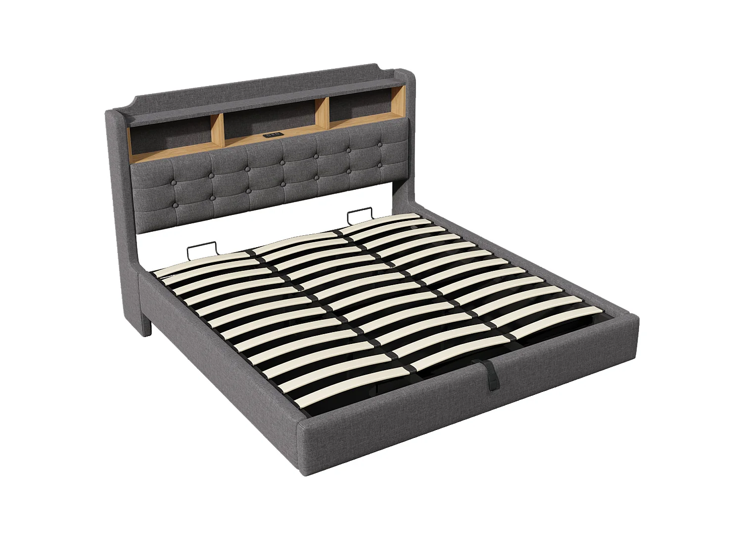 Letto contenitore in lino grigio 180x200 cm con LED, USB e vano contenitore