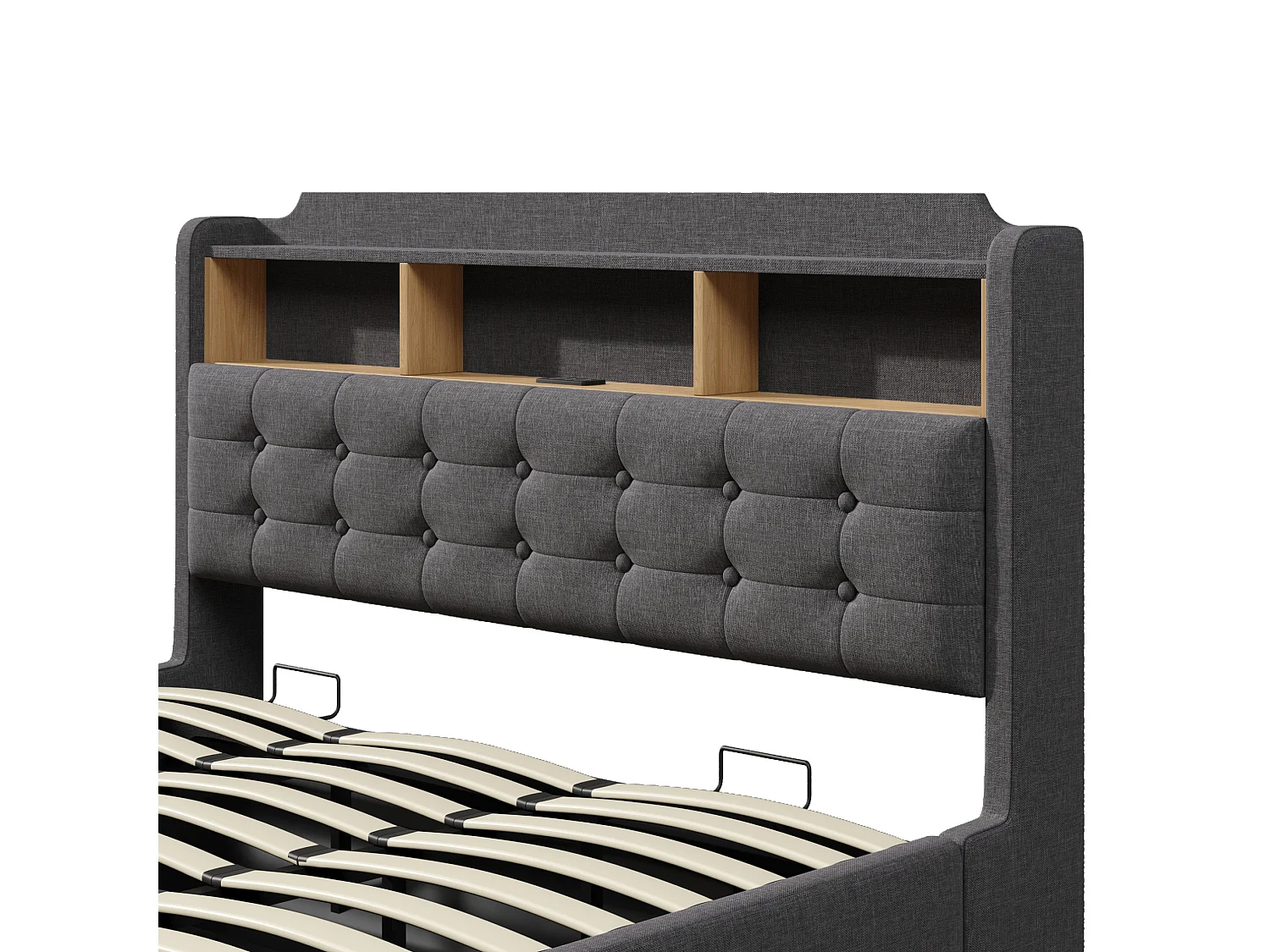 Letto contenitore in lino grigio 180x200 cm con LED, USB e vano contenitore