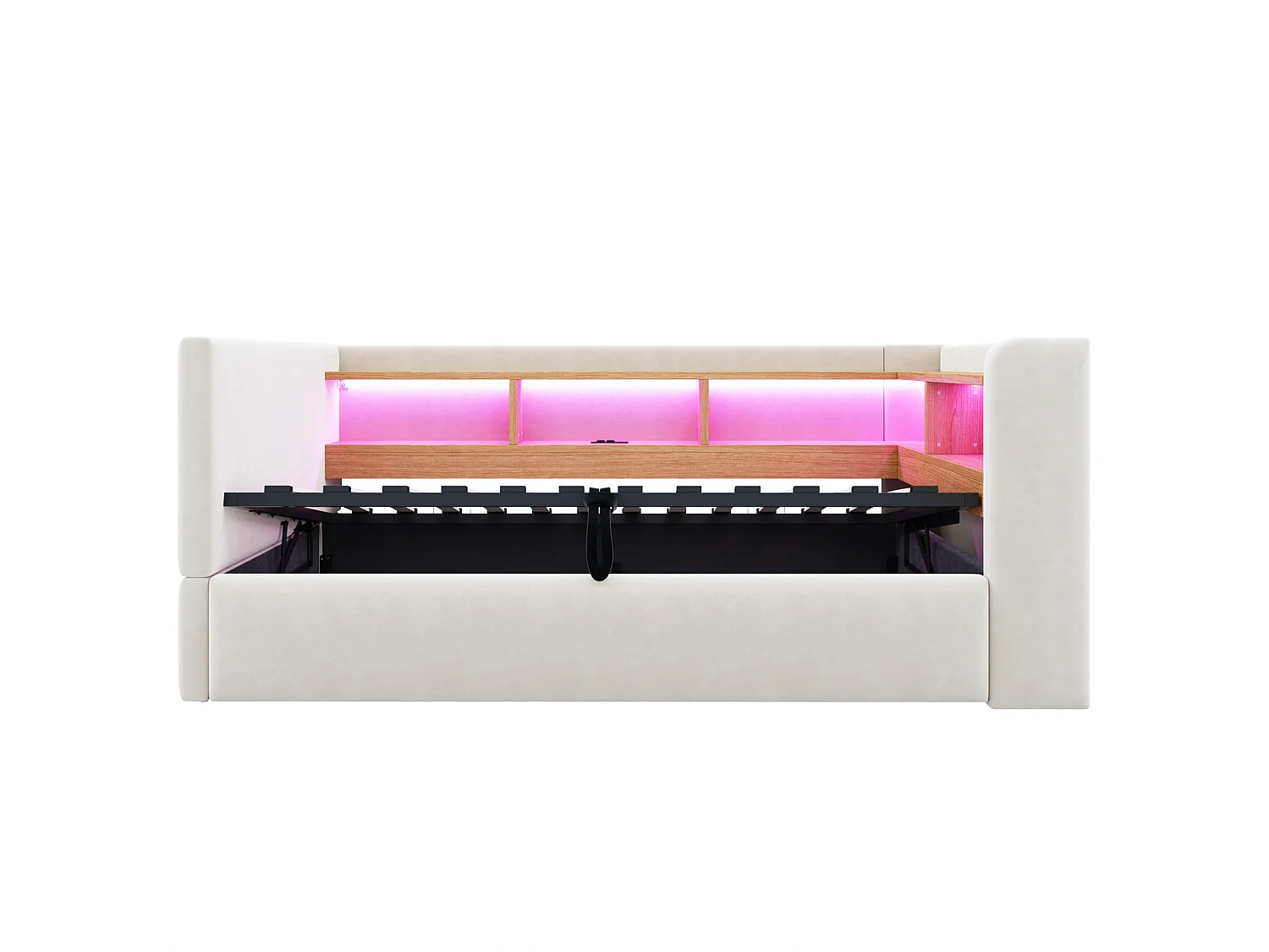 Lit coffre enfant 90x190 cm avec LED, prise et rangements - Lit banquette en tissu beige