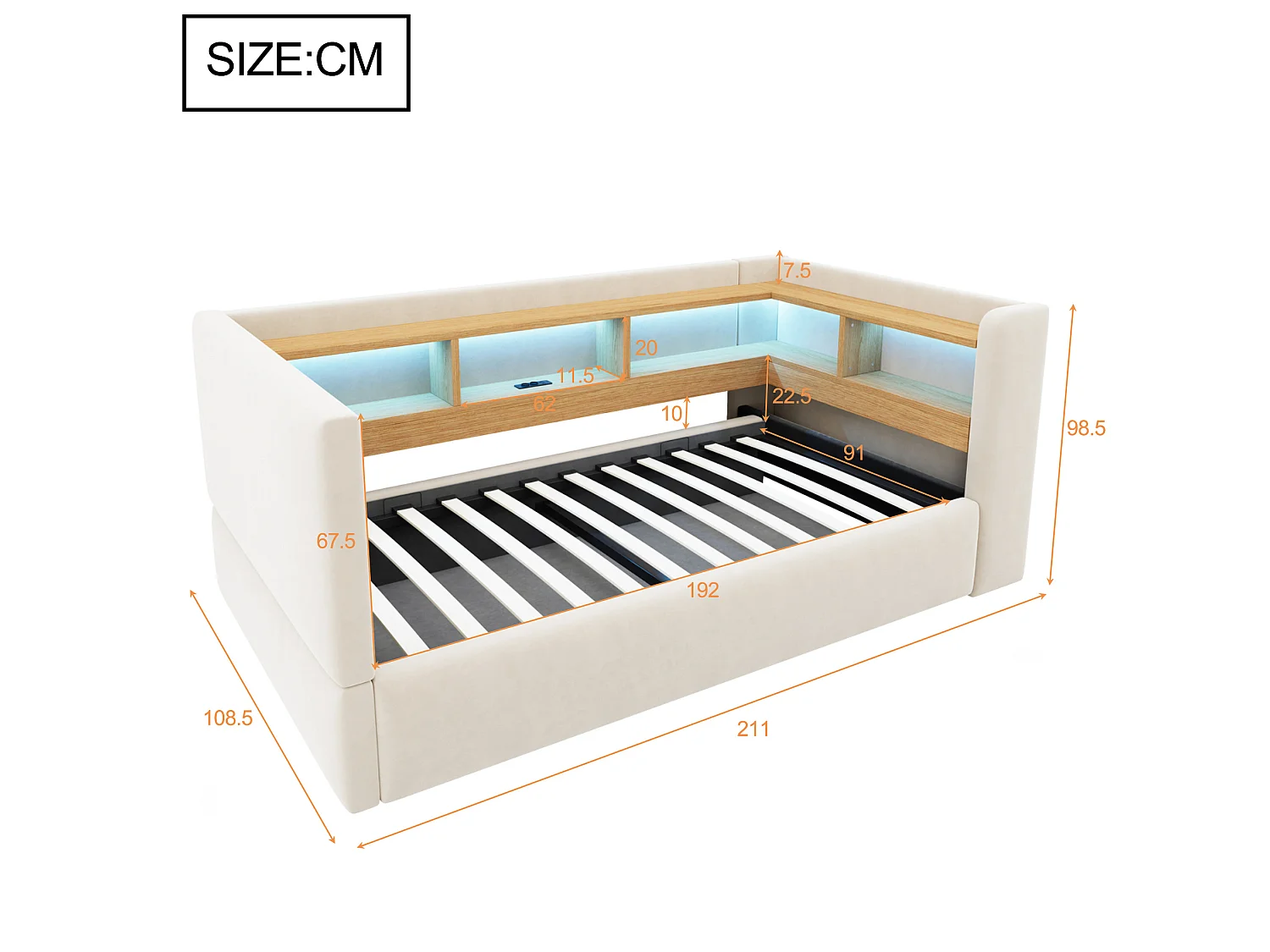Lit coffre enfant 90x190 cm avec LED, prise et rangements - Lit banquette en tissu beige