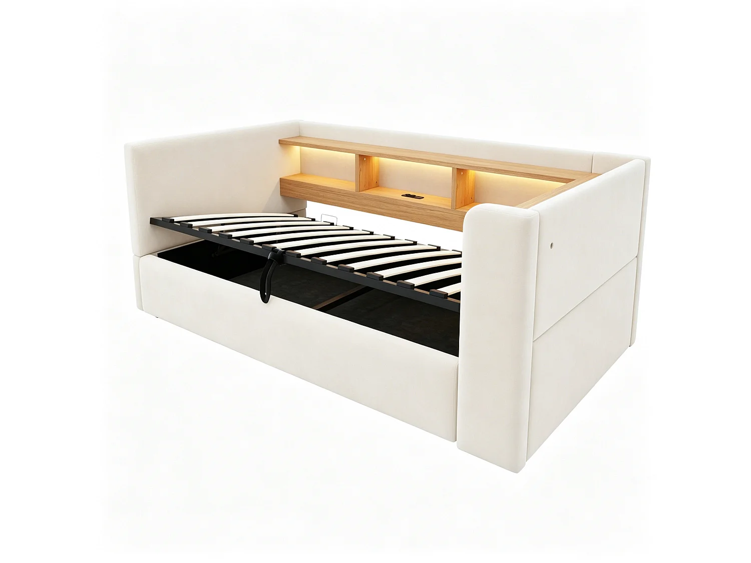 Lit coffre enfant 90x190 cm avec LED, prise et rangements - Lit banquette en tissu beige