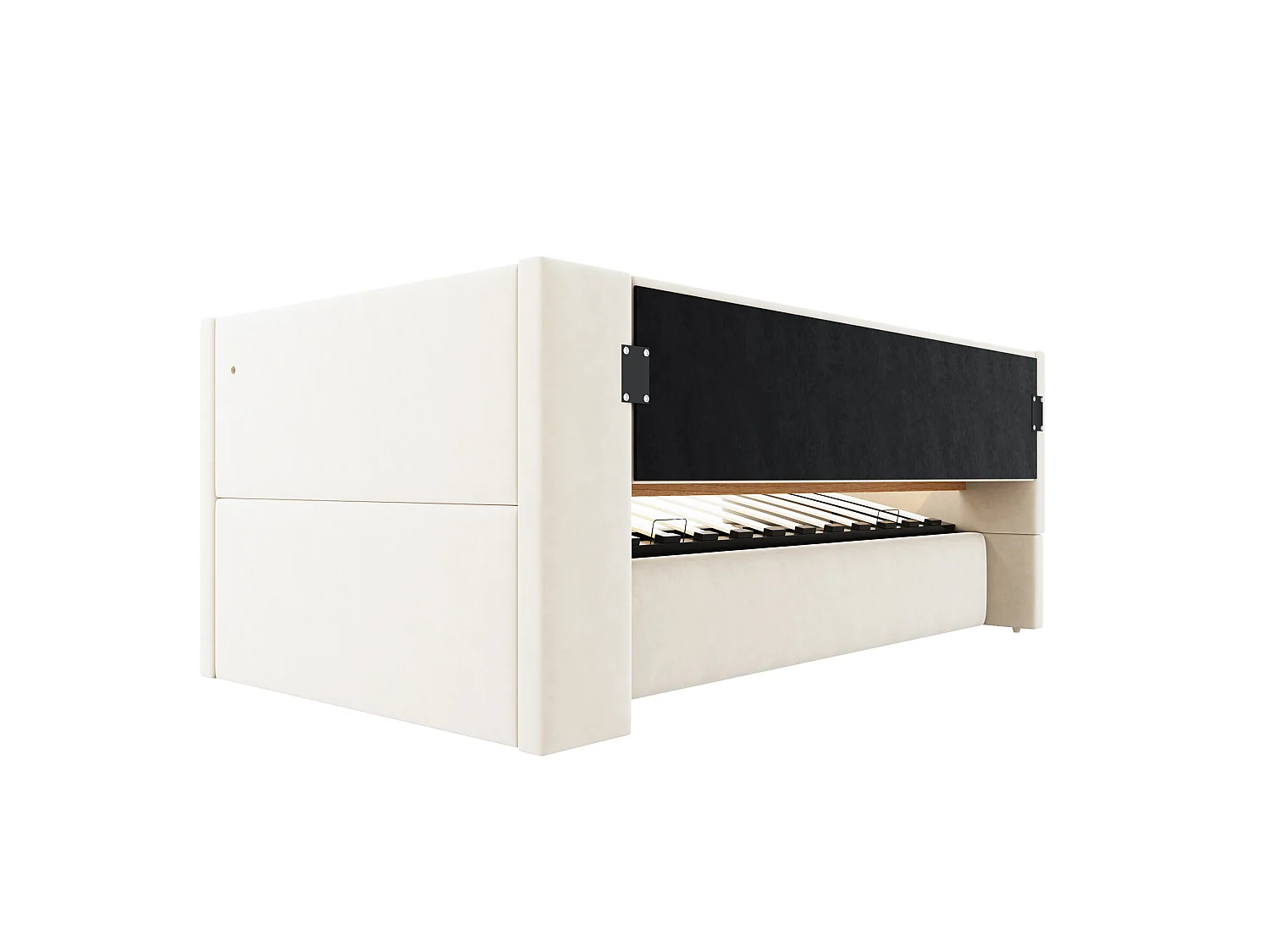 Lit coffre enfant 90x190 cm avec LED, prise et rangements - Lit banquette en tissu beige