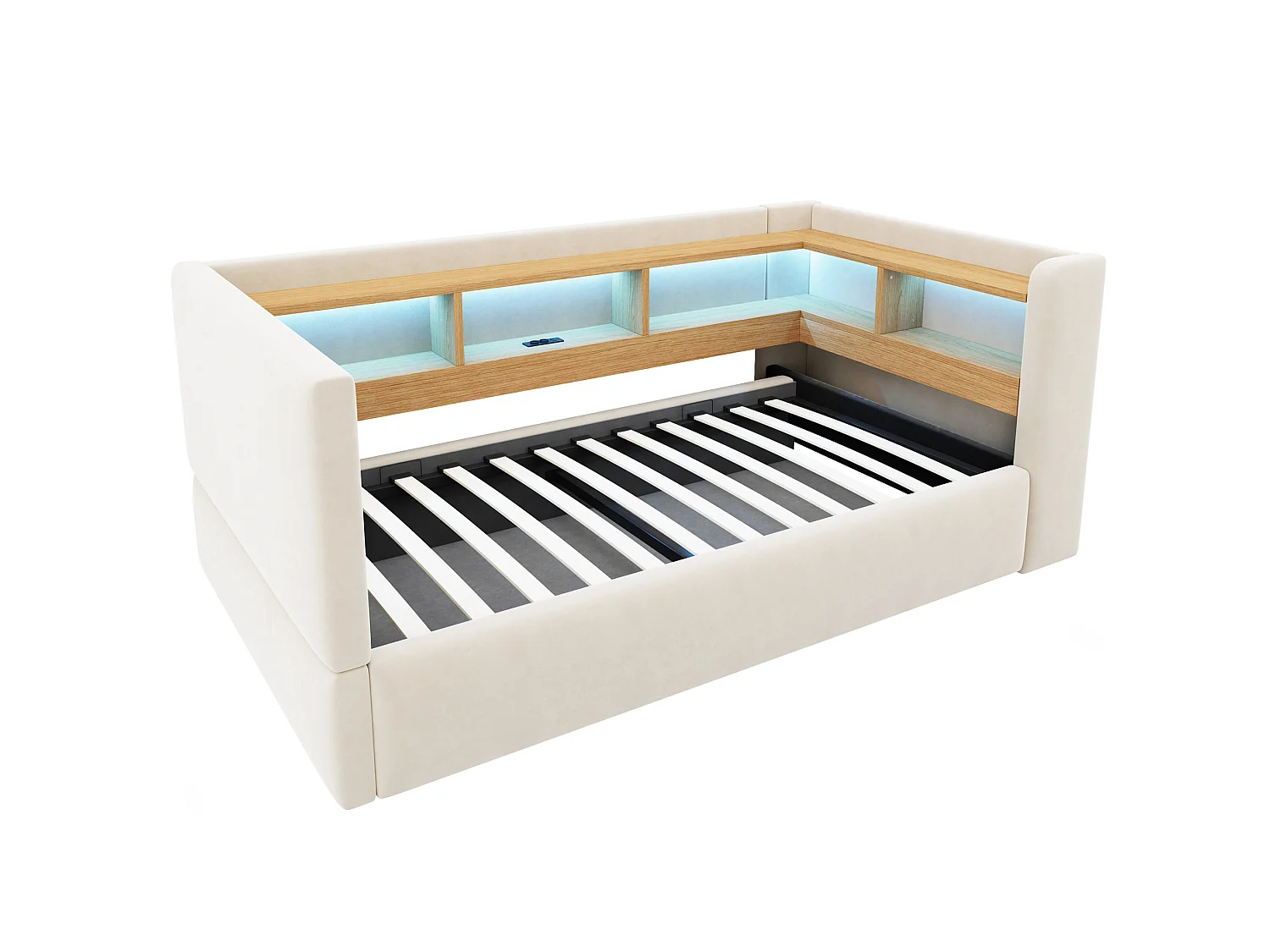 Lit coffre enfant 90x190 cm avec LED, prise et rangements - Lit banquette en tissu beige