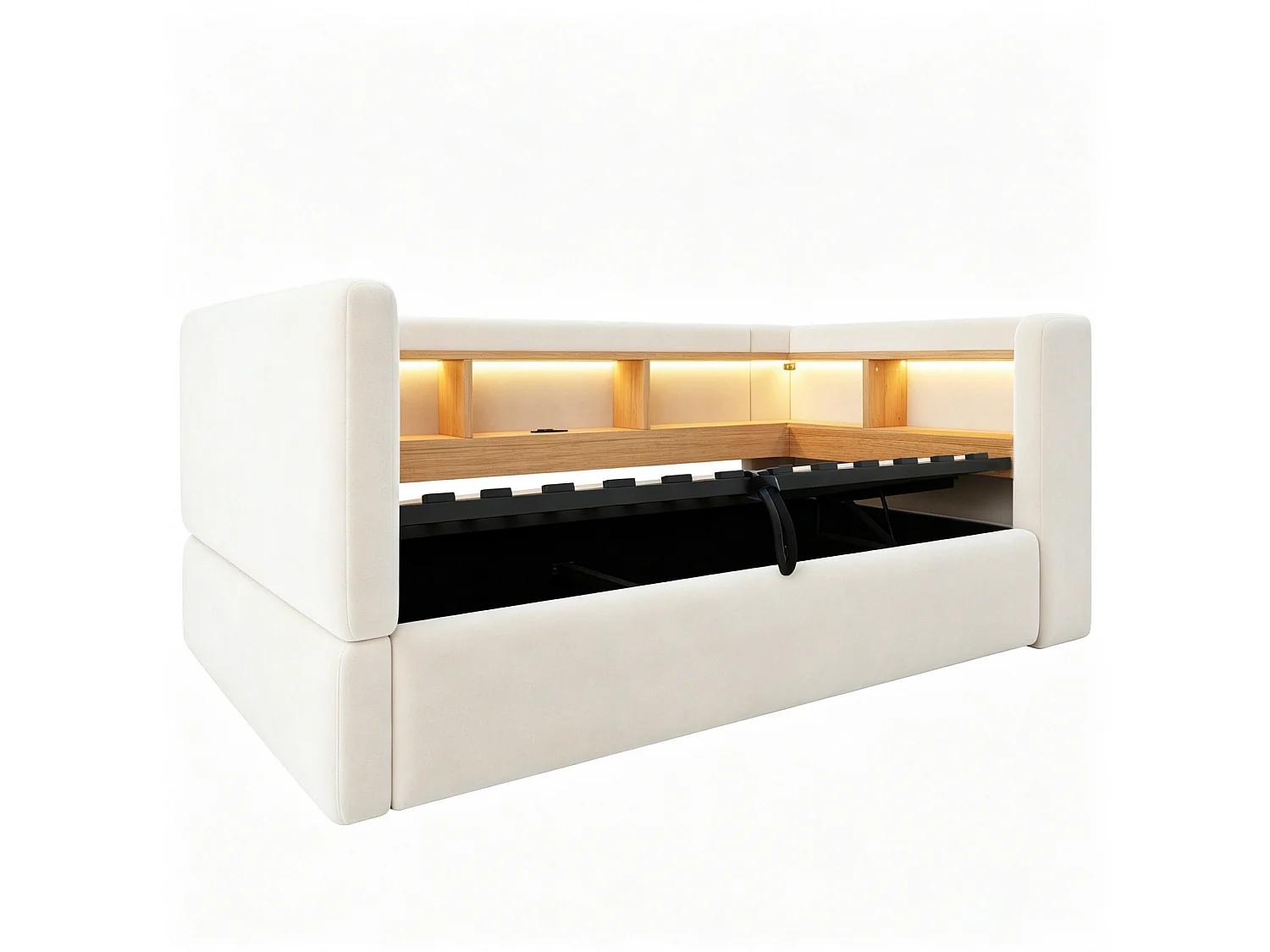 Lit coffre enfant 90x190 cm avec LED, prise et rangements - Lit banquette en tissu beige