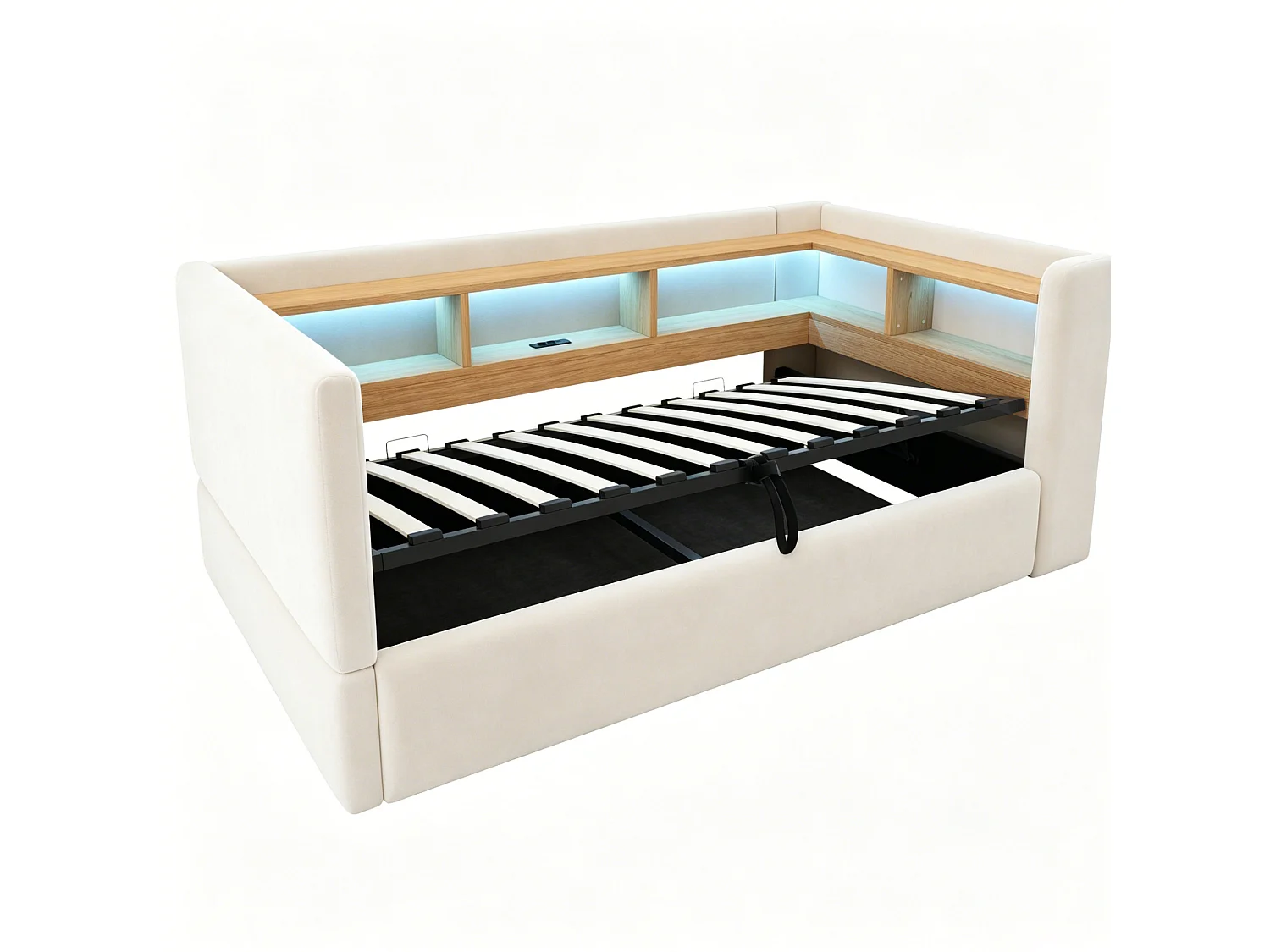Lit coffre enfant 90x190 cm avec LED, prise et rangements - Lit banquette en tissu beige
