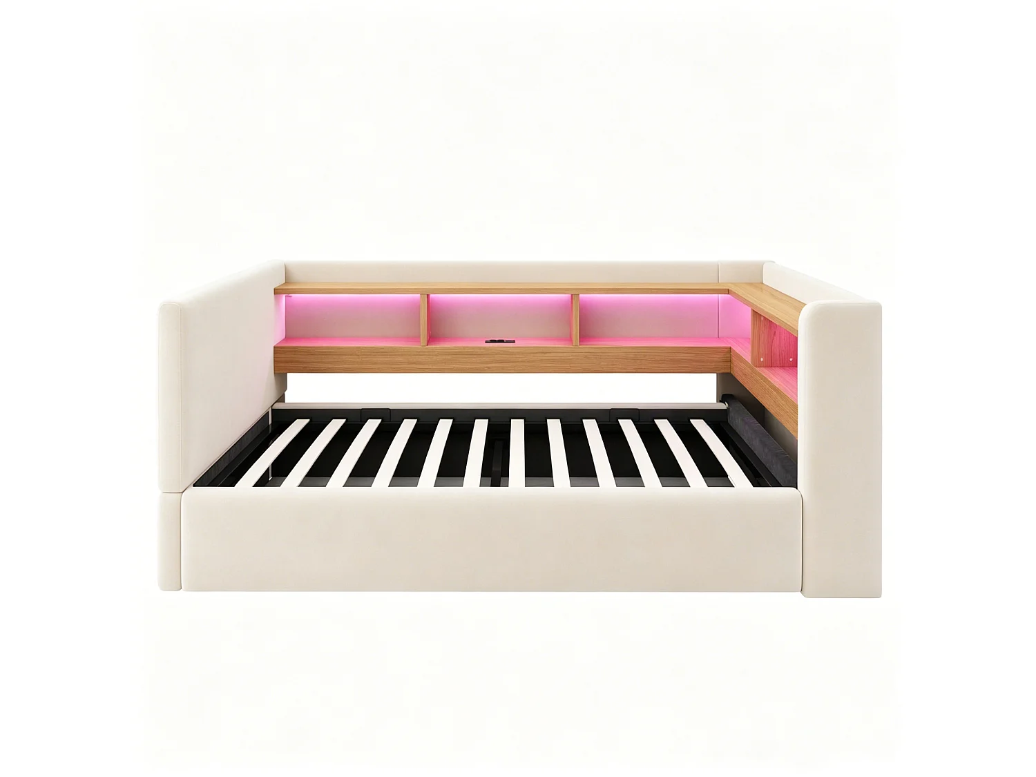 Lit coffre enfant 90x190 cm avec LED, prise et rangements - Lit banquette en tissu beige