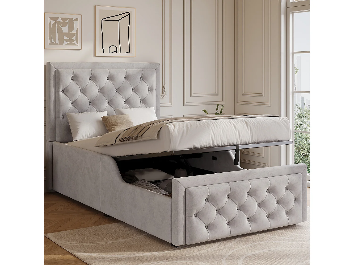 Lit coffre enfant 90x200 cm en velours gris avec tête de lit