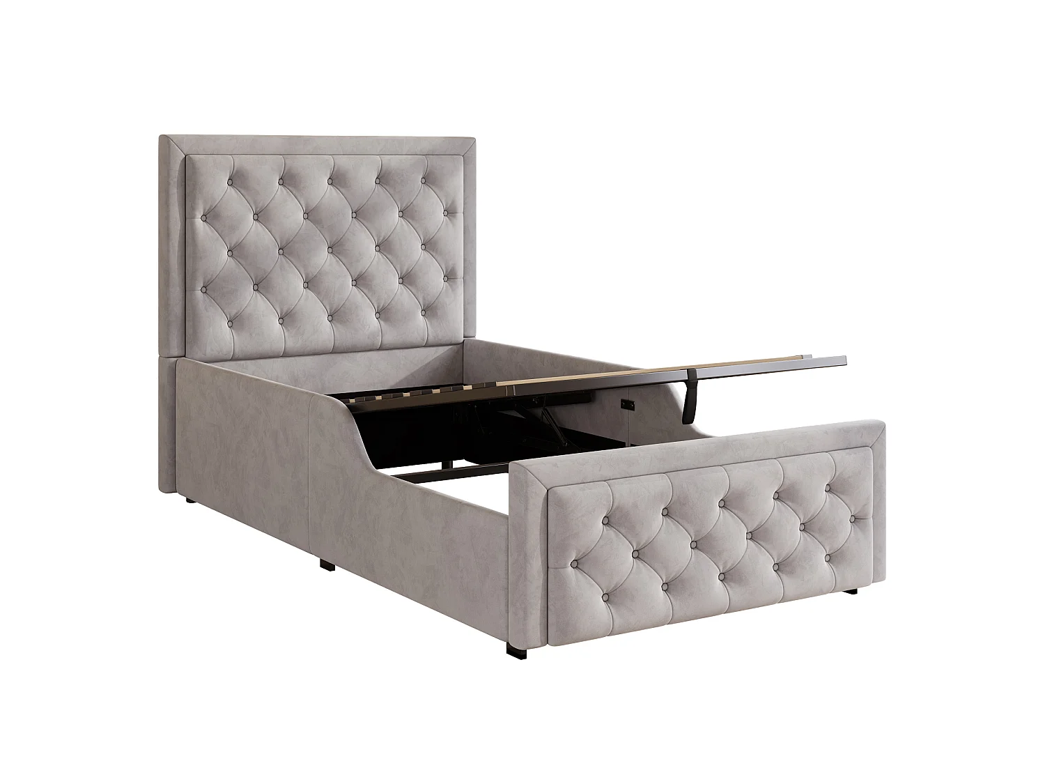 Lit coffre enfant 90x200 cm en velours gris avec tête de lit