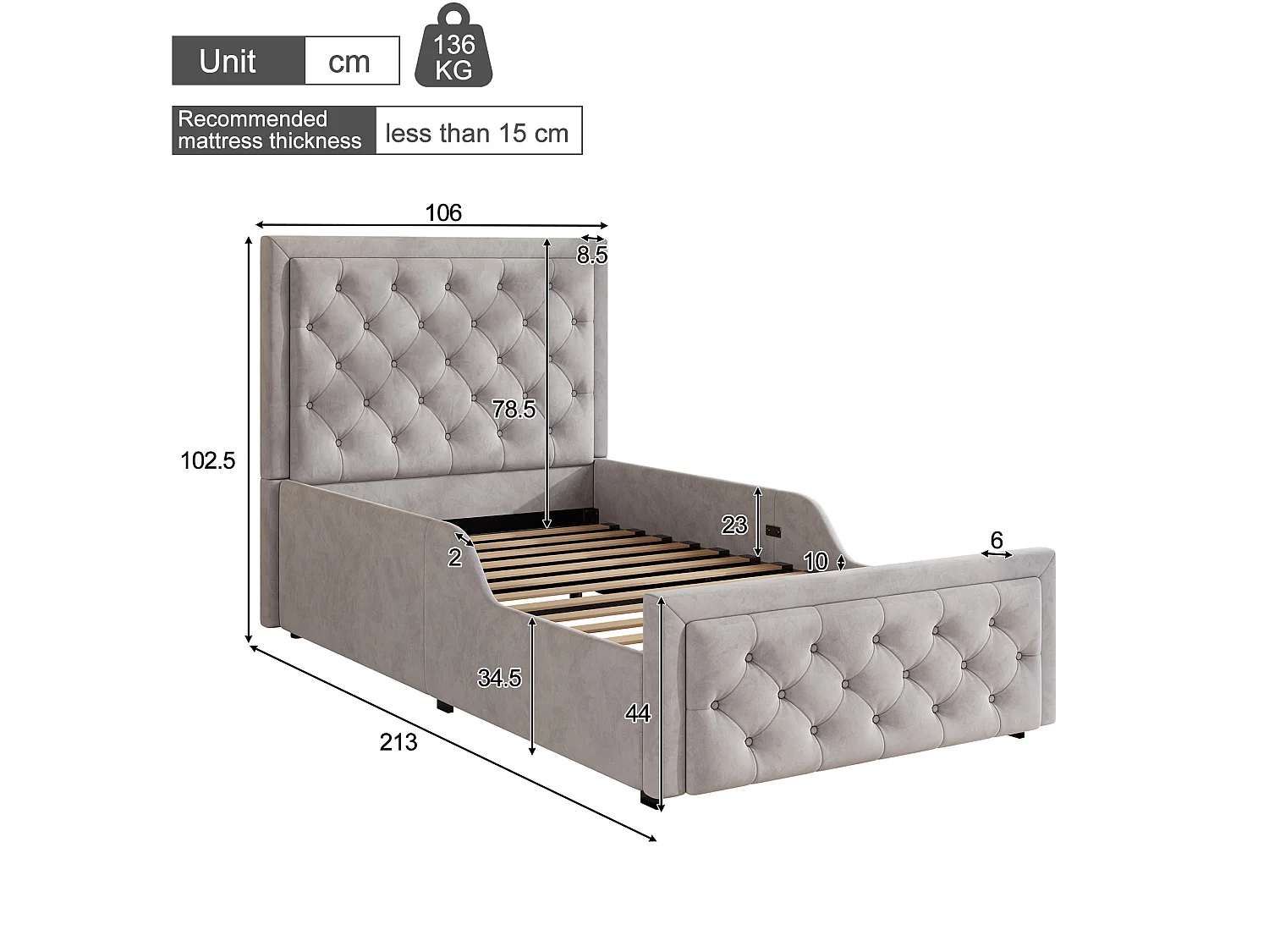 Lit coffre enfant 90x200 cm en velours gris avec tête de lit