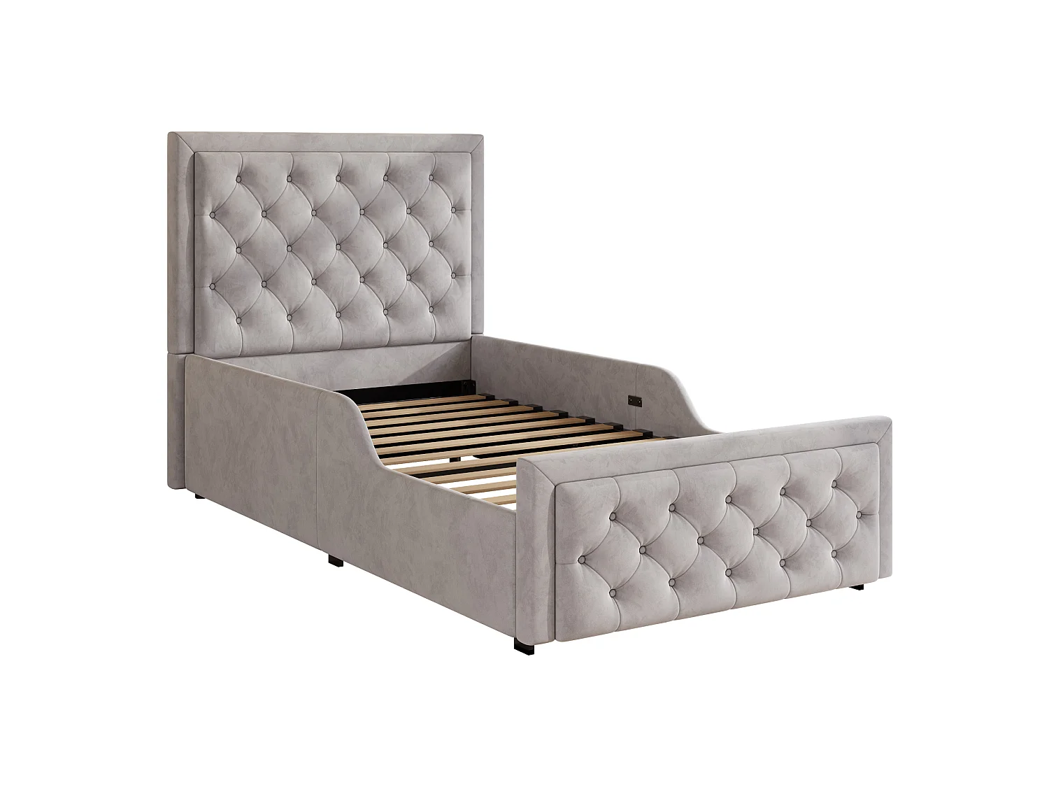 Lit coffre enfant 90x200 cm en velours gris avec tête de lit