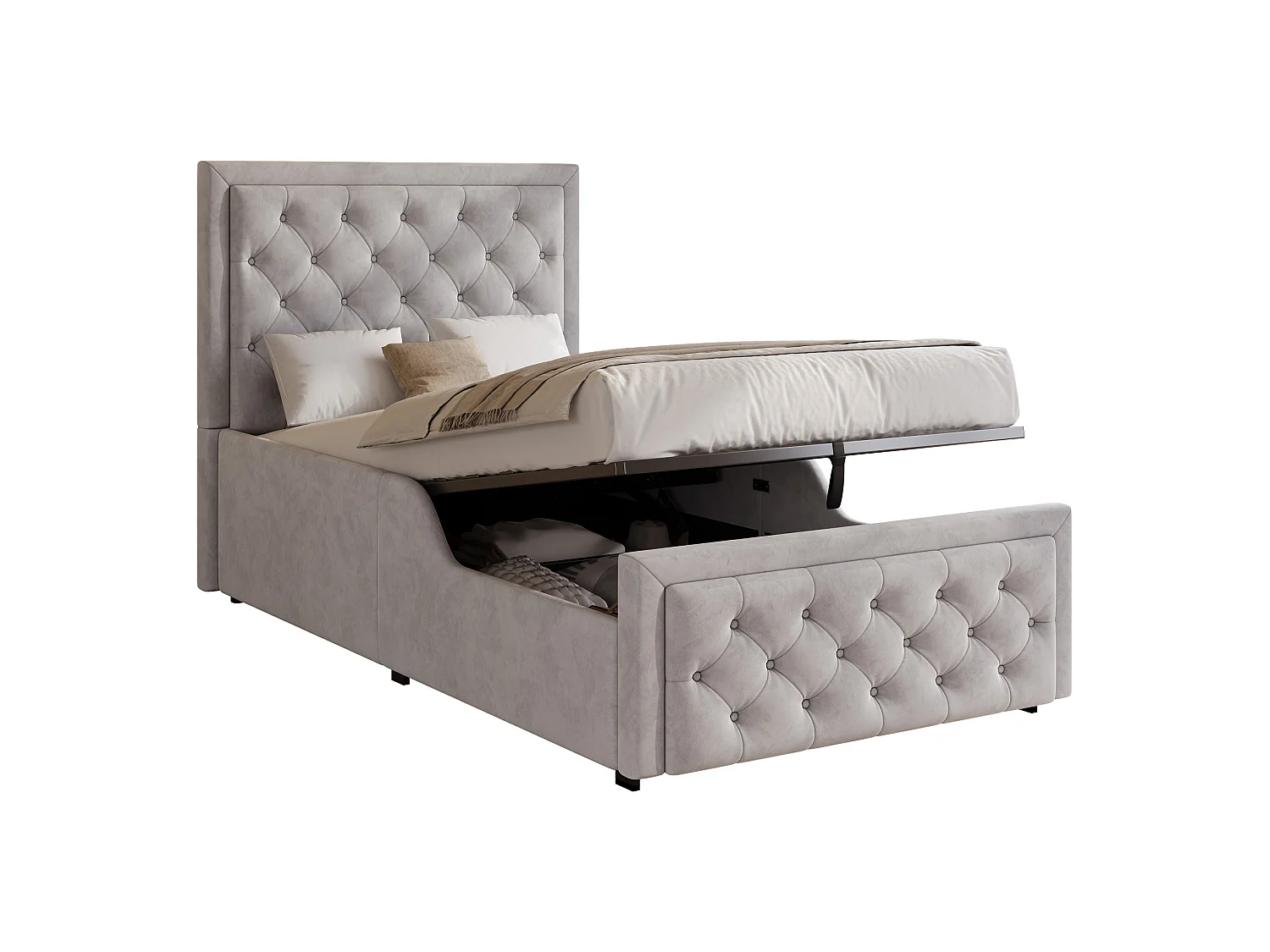 Lit coffre enfant 90x200 cm en velours gris avec tête de lit