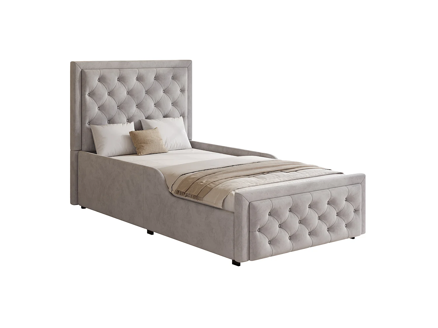 Lit coffre enfant 90x200 cm en velours gris avec tête de lit