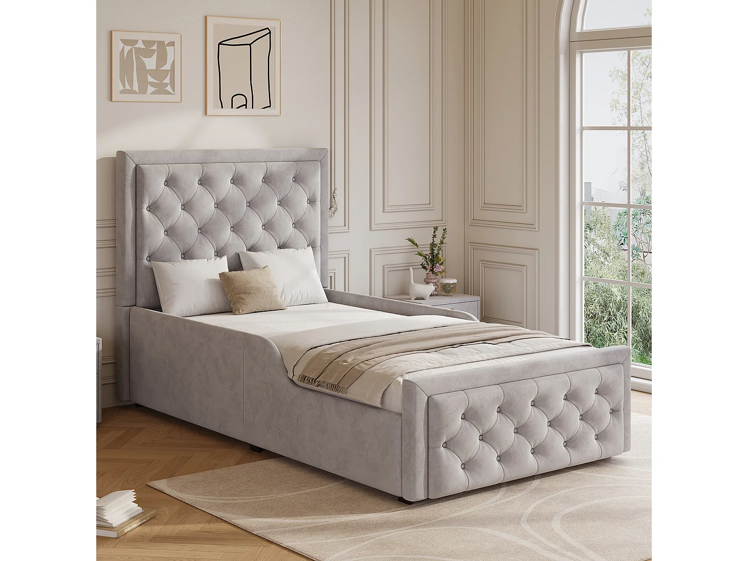 Lit coffre enfant 90x200 cm en velours gris avec tête de lit