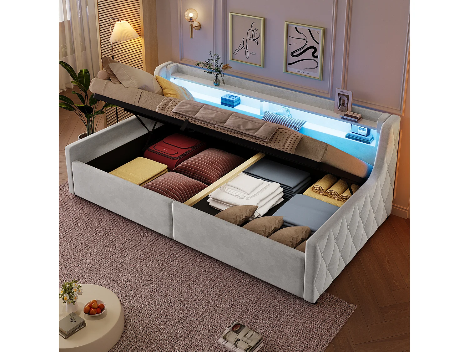 Lit coffre enfant 90x200 cm avec sommier à lattes et LED - Lit banquette en tissu beige