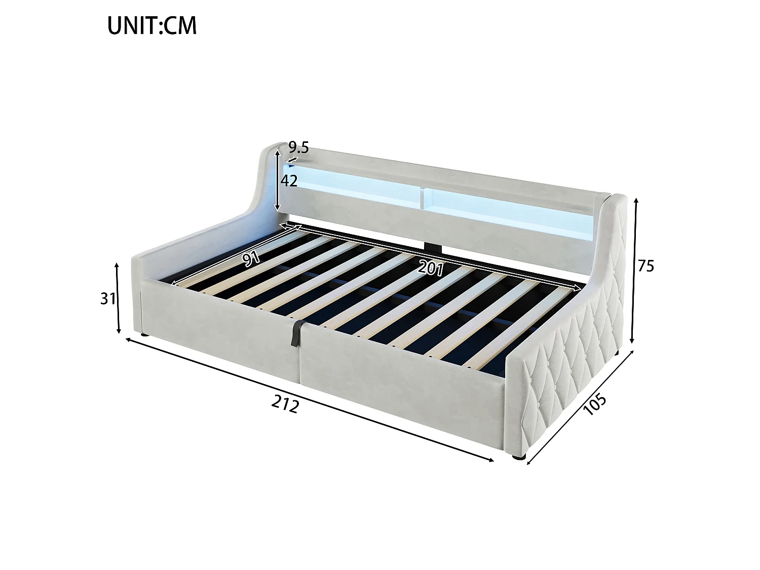Lit coffre enfant 90x200 cm avec sommier à lattes et LED - Lit banquette en tissu beige