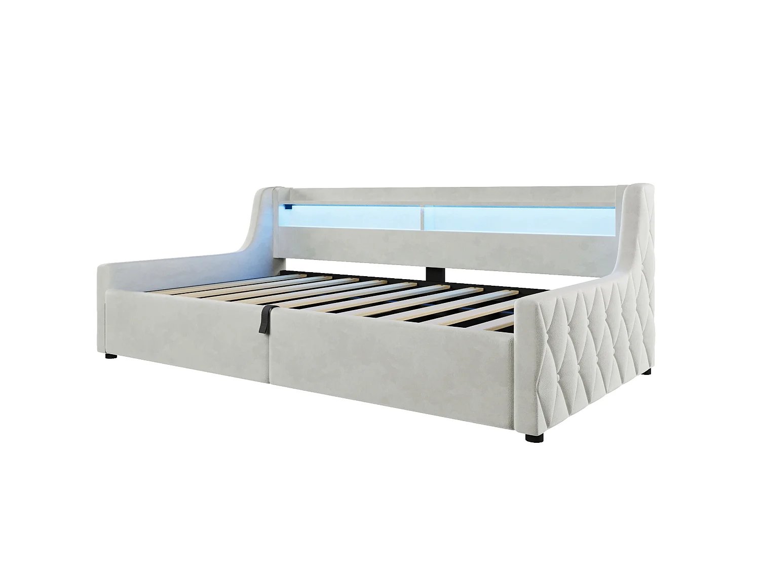 Lit coffre enfant 90x200 cm avec sommier à lattes et LED - Lit banquette en tissu beige