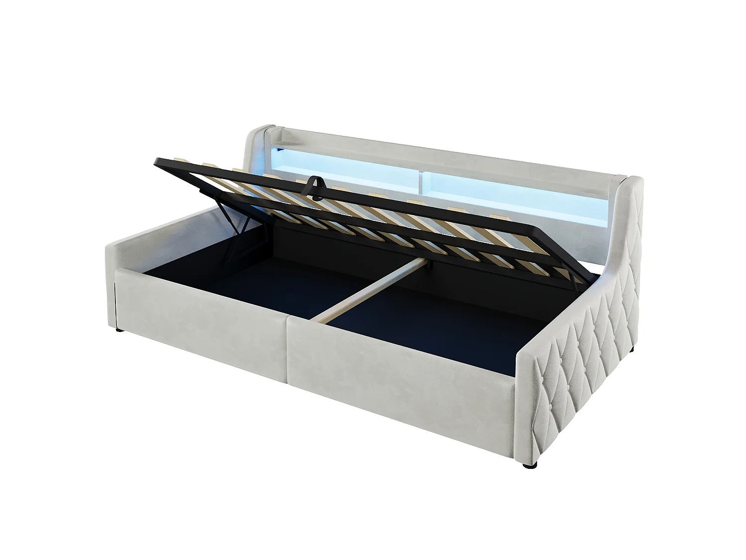Lit coffre enfant 90x200 cm avec sommier à lattes et LED - Lit banquette en tissu beige