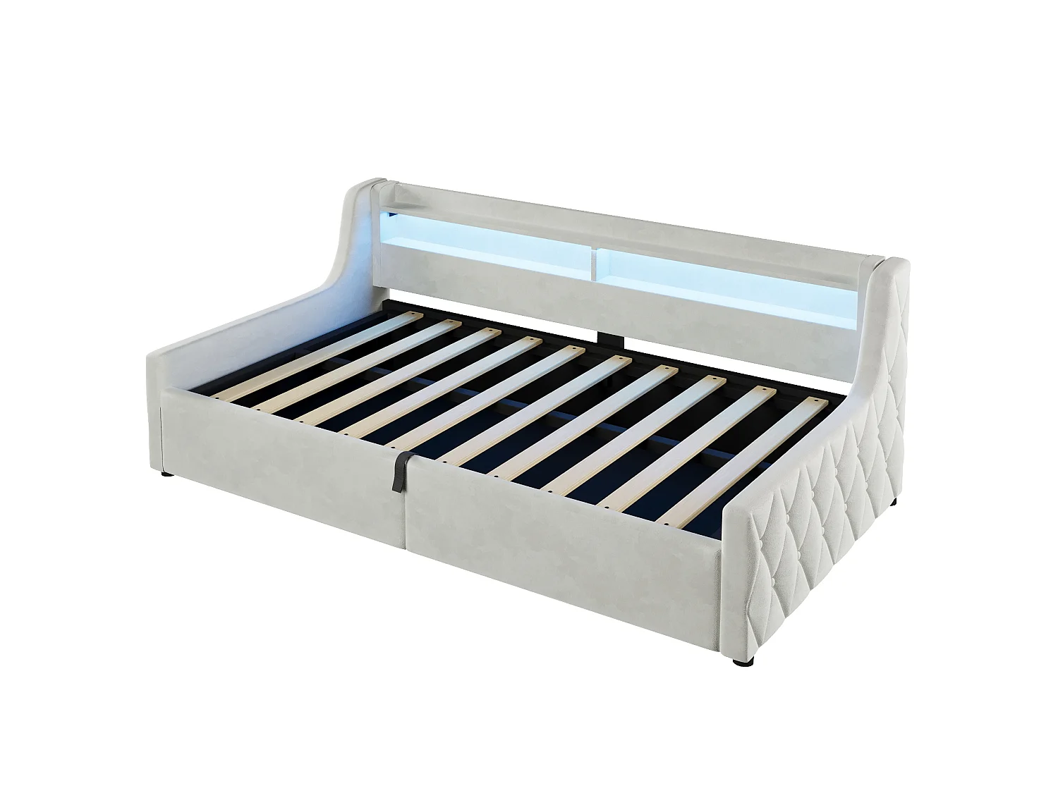 Lit coffre enfant 90x200 cm avec sommier à lattes et LED - Lit banquette en tissu beige