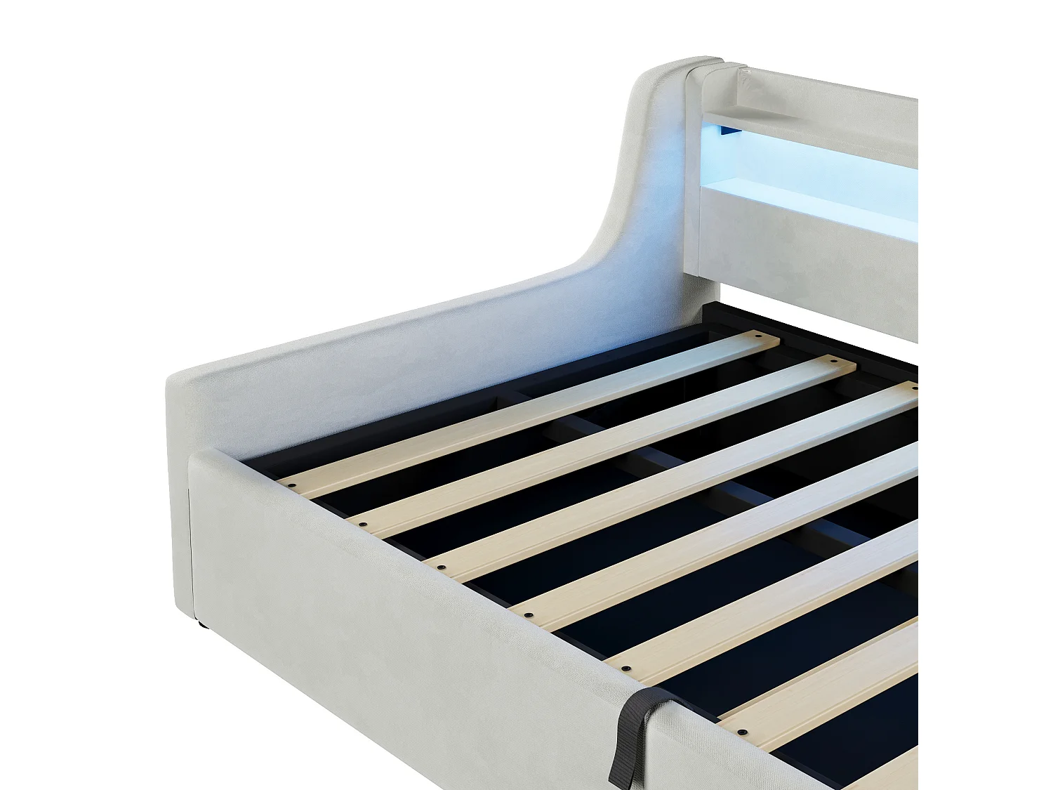 Lit coffre enfant 90x200 cm avec sommier à lattes et LED - Lit banquette en tissu beige