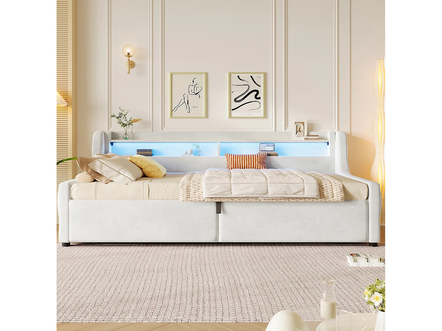 Lit coffre enfant 90x200 cm avec sommier à lattes et LED - Lit banquette en tissu beige