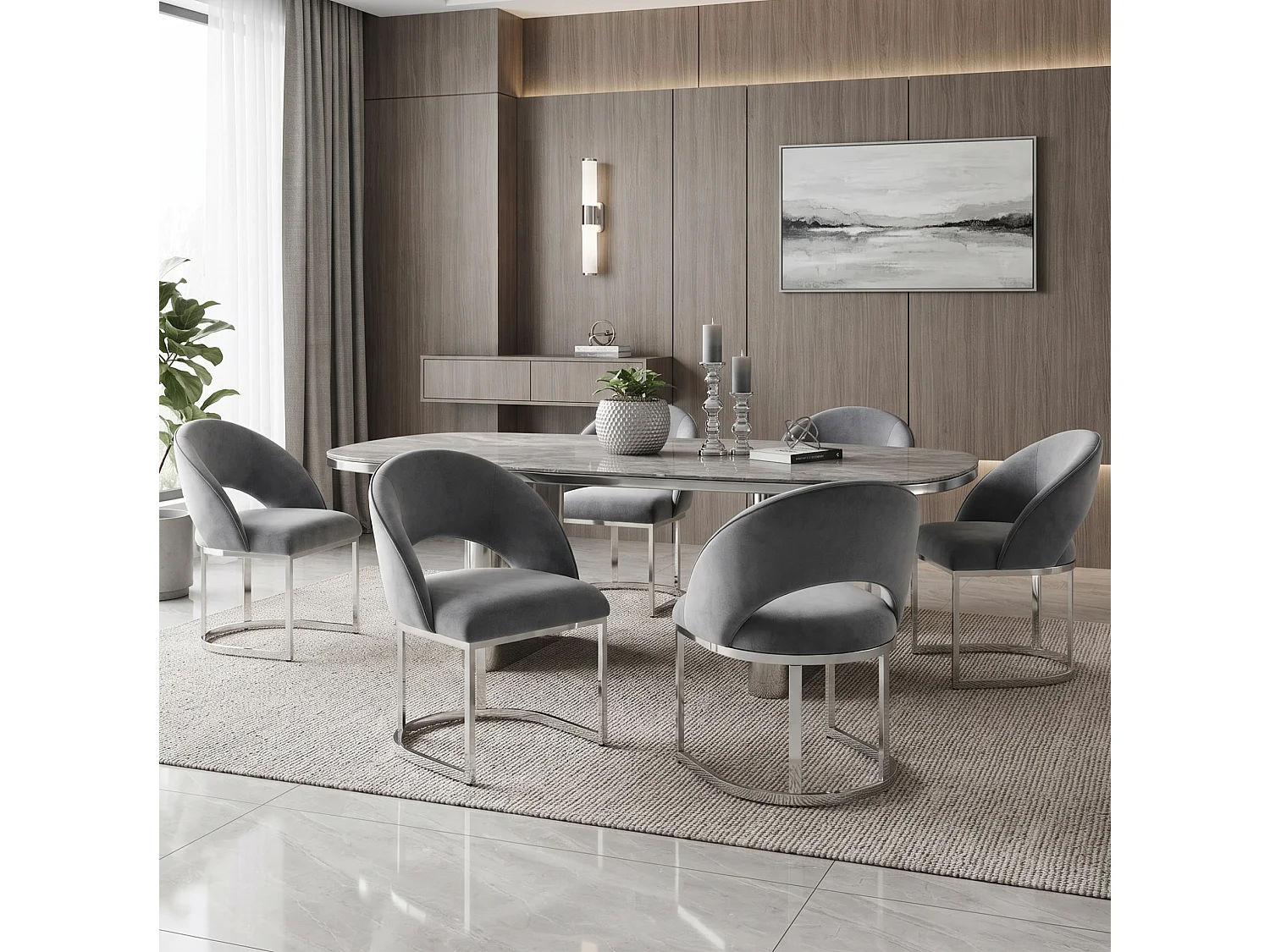 Lot de 4 chaises en tissu bouclé - Style moderne - Gris et argenté