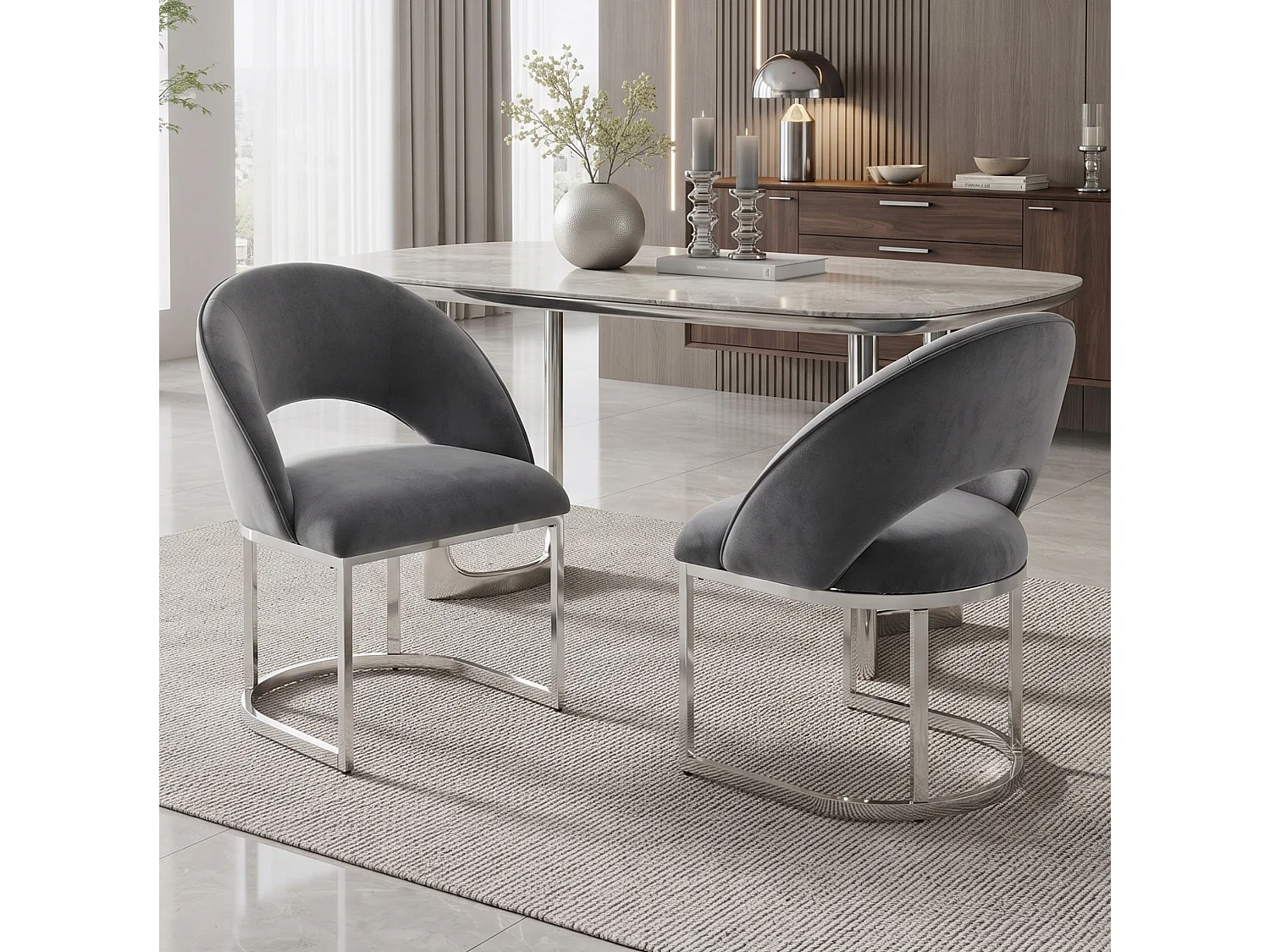 Lot de 4 chaises en tissu bouclé - Style moderne - Gris et argenté
