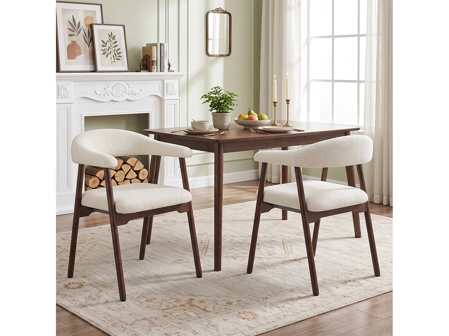 Lot de 4 chaises en bois et tissu bouclé - Marron et beige