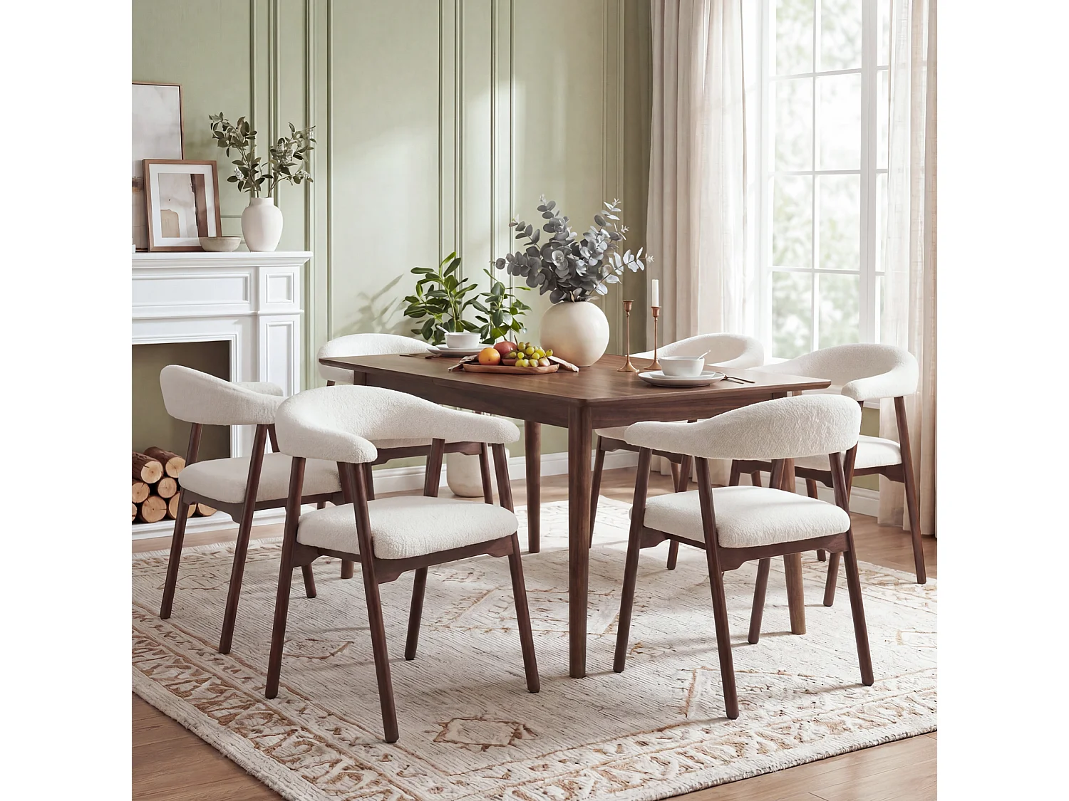 Lot de 4 chaises en bois et tissu bouclé - Marron et beige