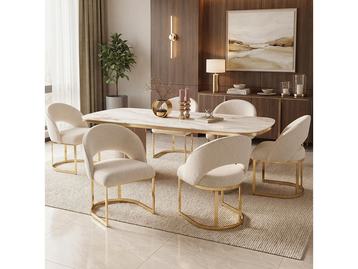 Juego de 4 sillas de tela bouclé - Estilo moderno - Beige y dorado