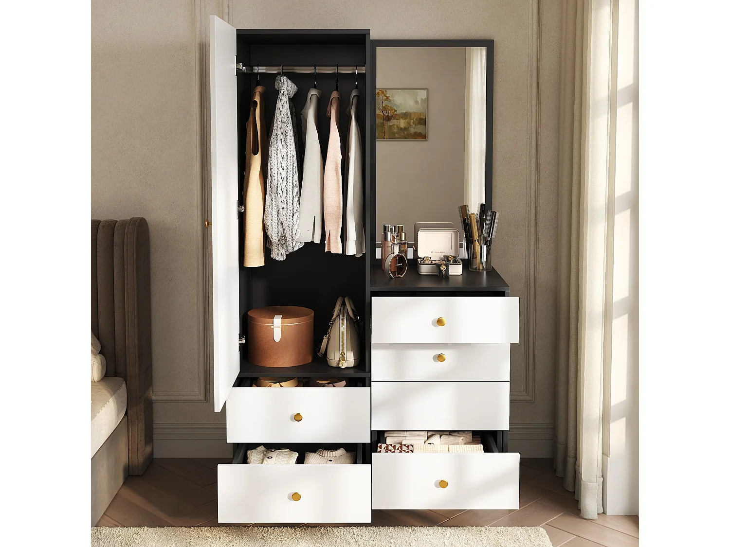 Ensemble coiffeuse et armoire avec miroir et tiroirs - Blanc et noir