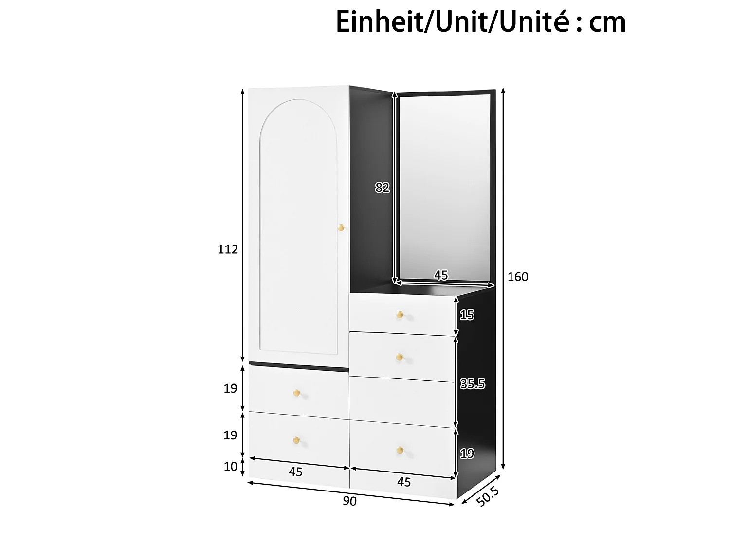 Ensemble coiffeuse et armoire avec miroir et tiroirs - Blanc et noir