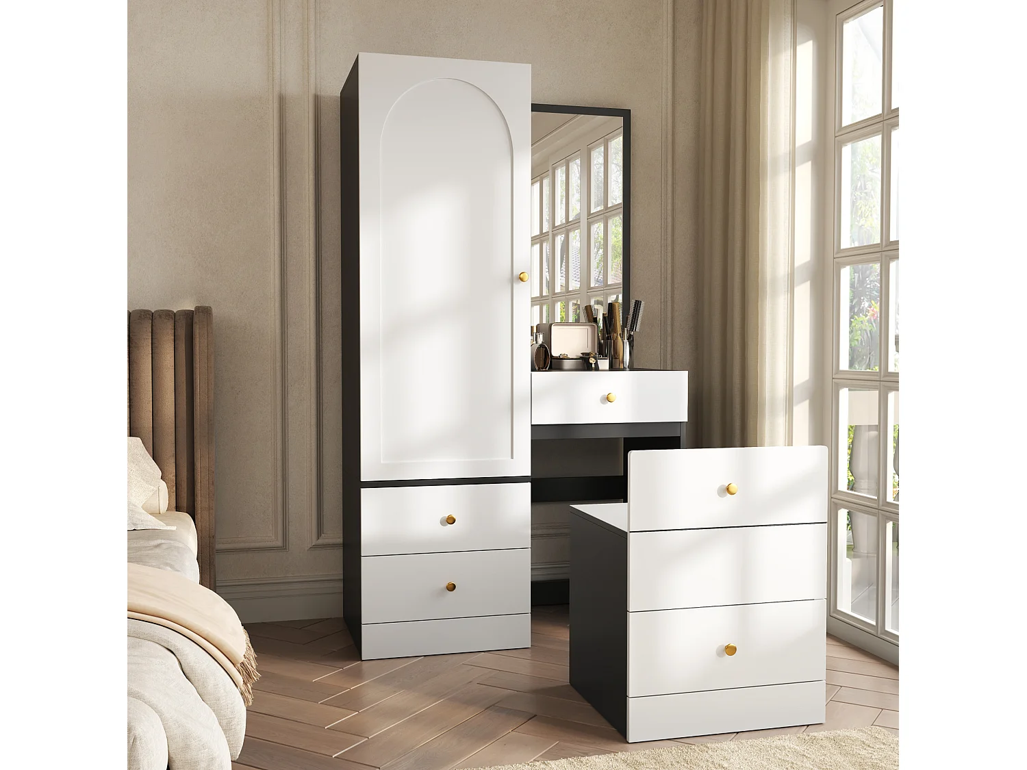 Ensemble coiffeuse et armoire avec miroir et tiroirs - Blanc et noir