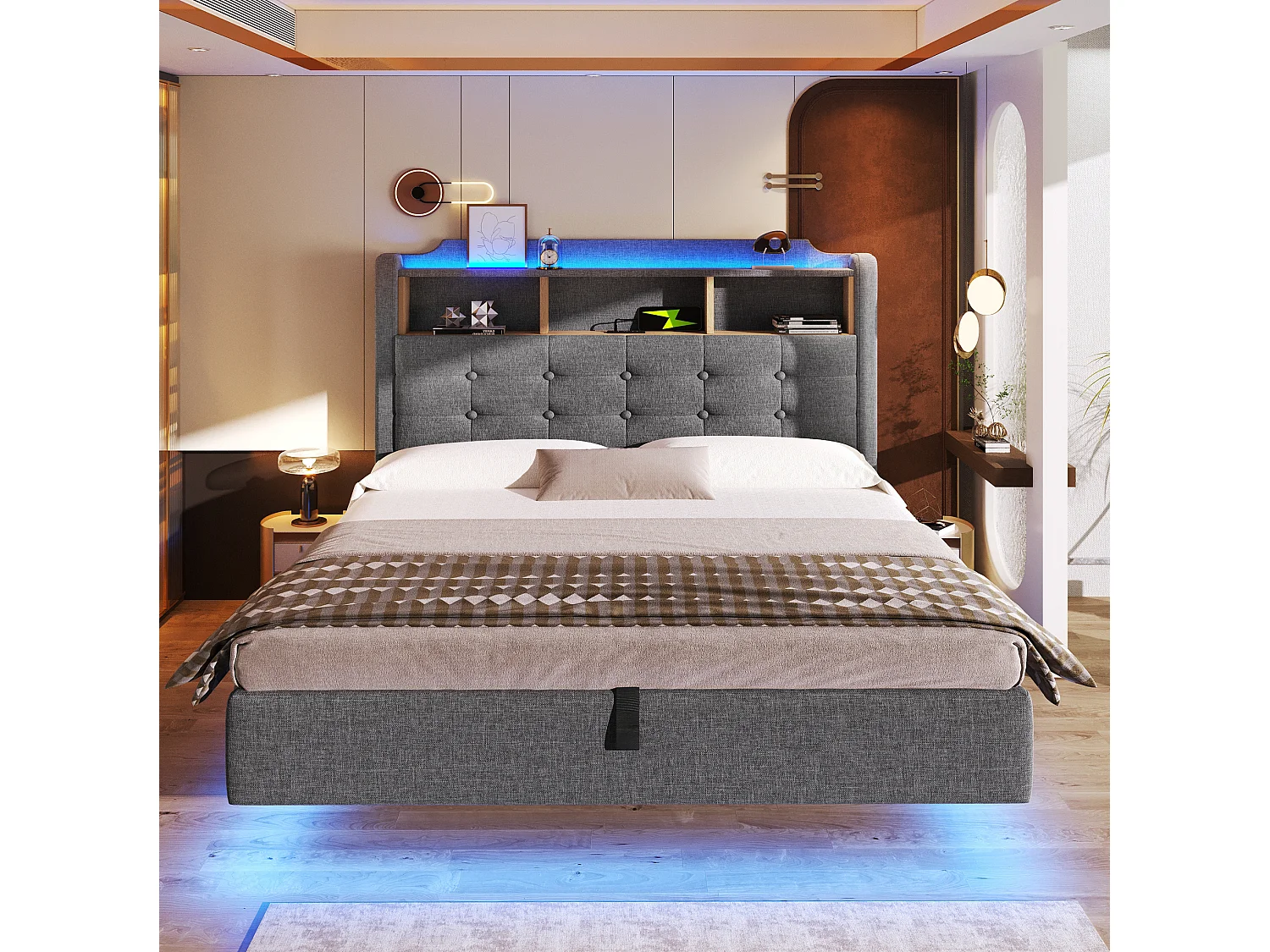 Lit coffre adulte 140x200 cm en lin gris - Avec LED, USB et rangements