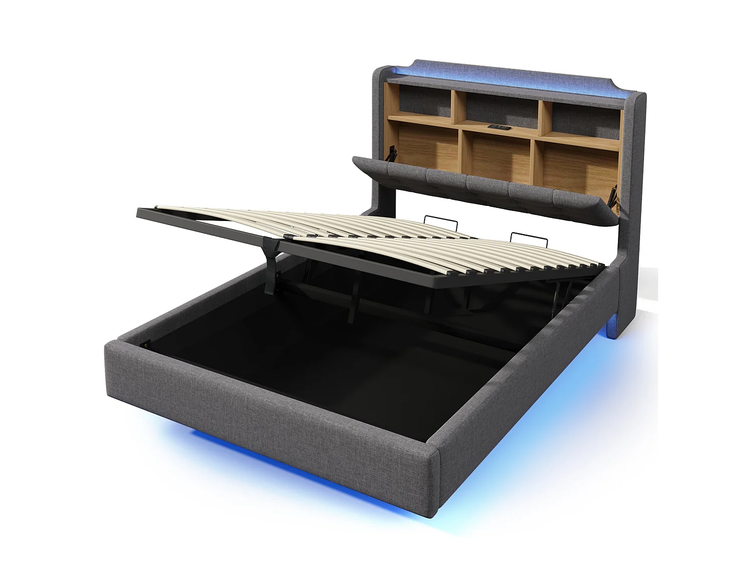 Lit coffre adulte 140x200 cm en lin gris - Avec LED, USB et rangements