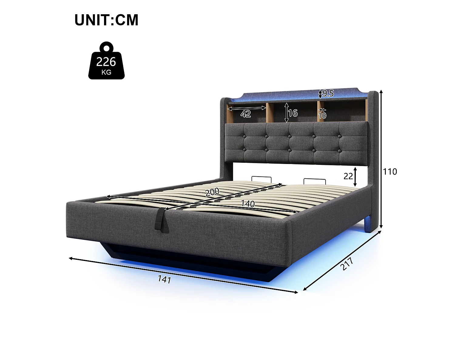 Lit coffre adulte 140x200 cm en lin gris - Avec LED, USB et rangements