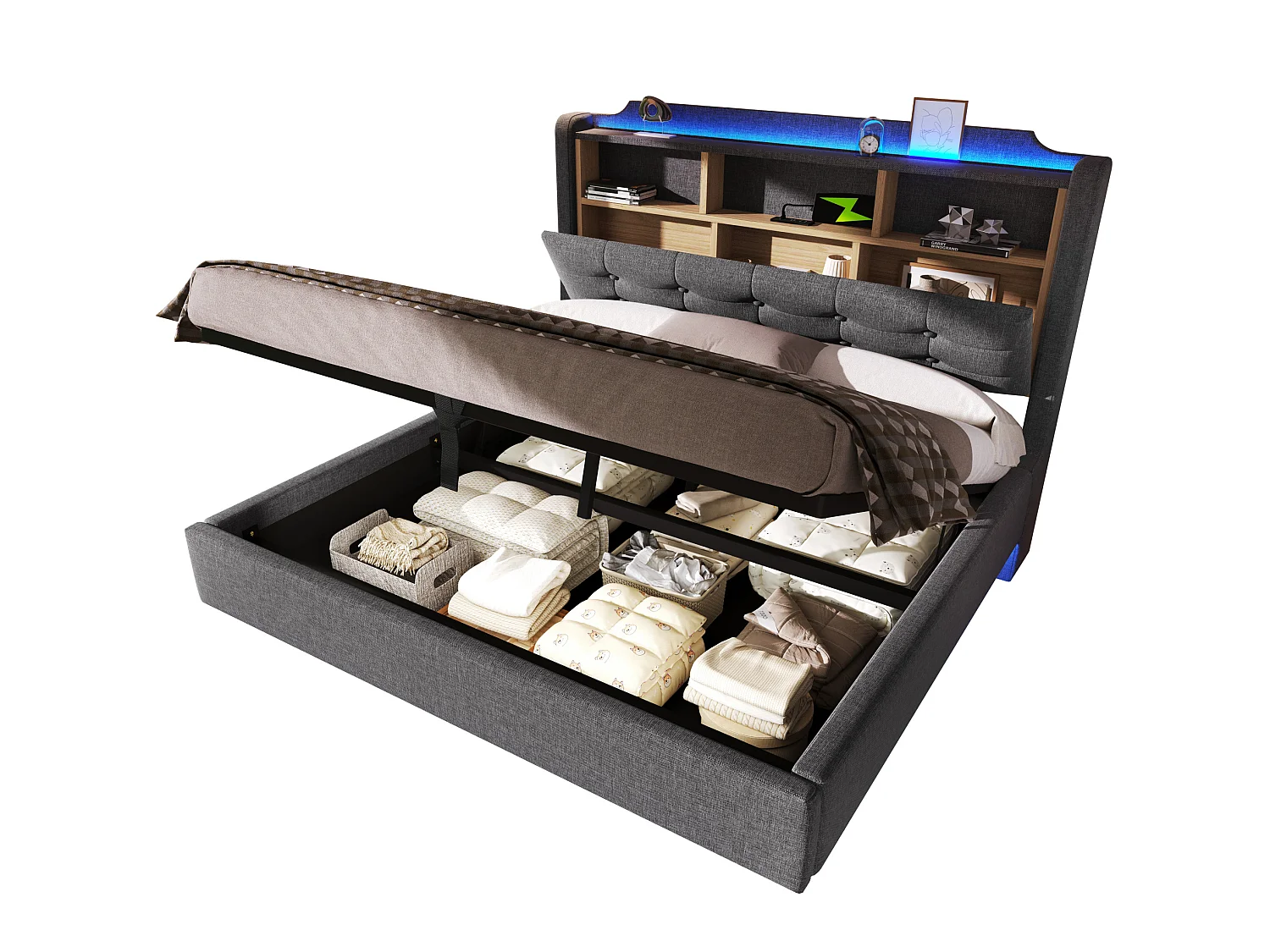 Lit coffre adulte 140x200 cm en lin gris - Avec LED, USB et rangements