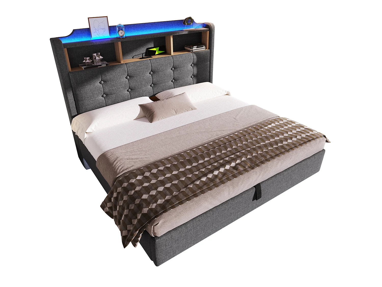 Lit coffre adulte 140x200 cm en lin gris - Avec LED, USB et rangements