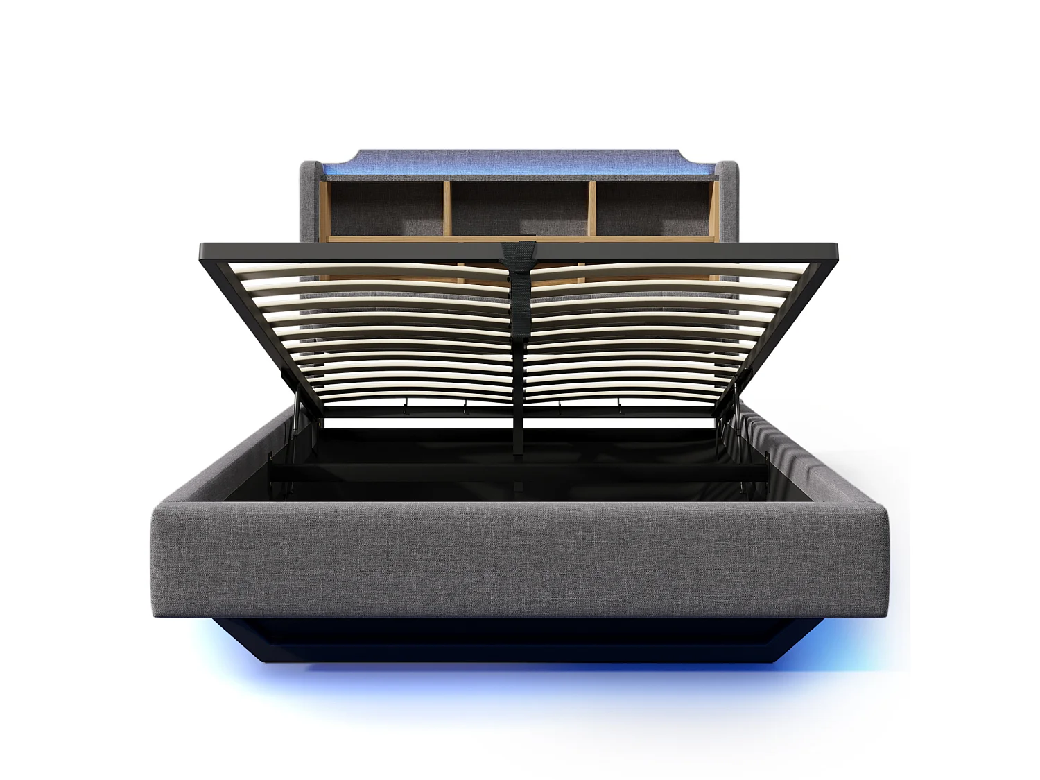 Lit coffre adulte 140x200 cm en lin gris - Avec LED, USB et rangements