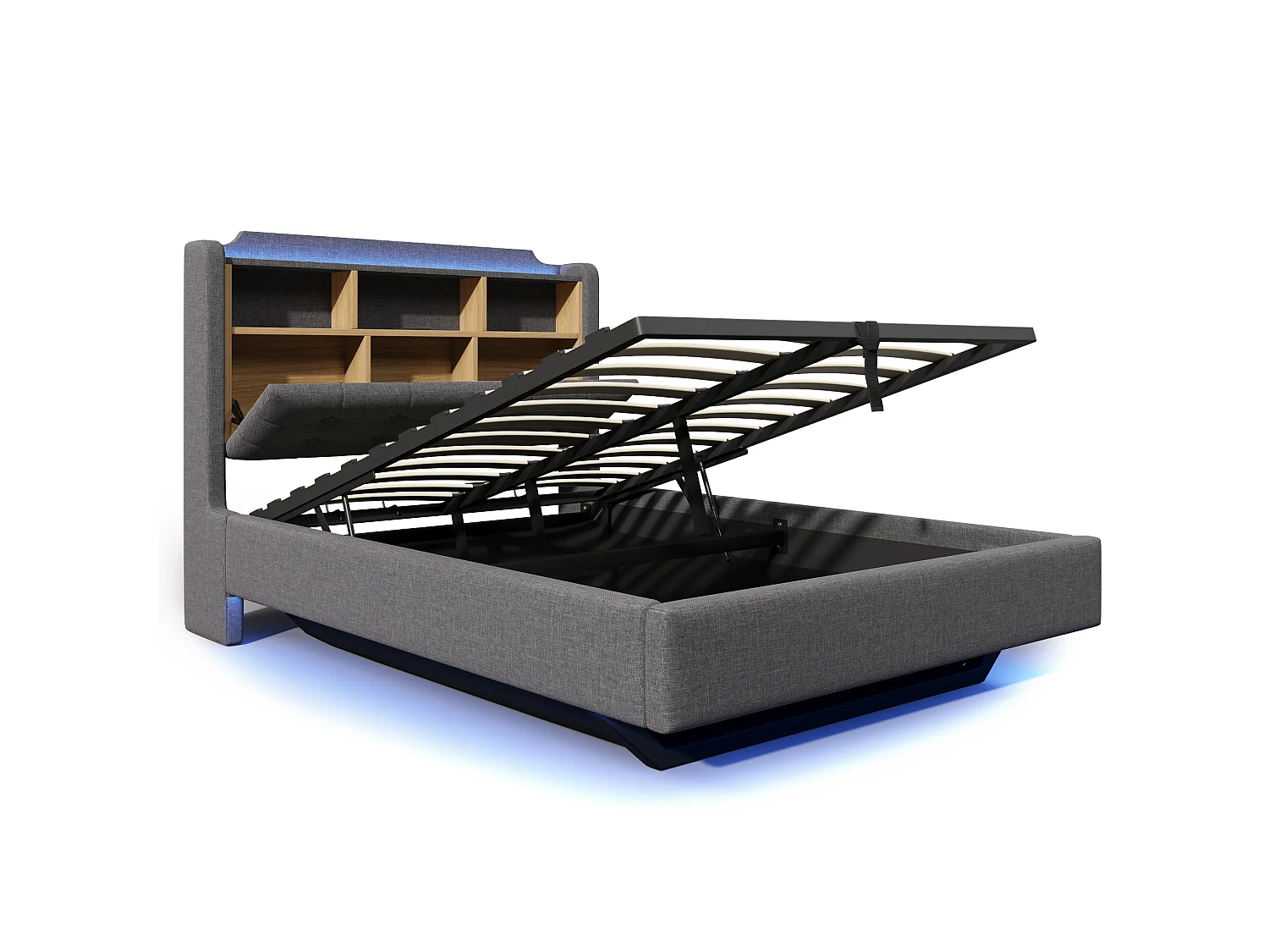 Lit coffre adulte 140x200 cm en lin gris - Avec LED, USB et rangements