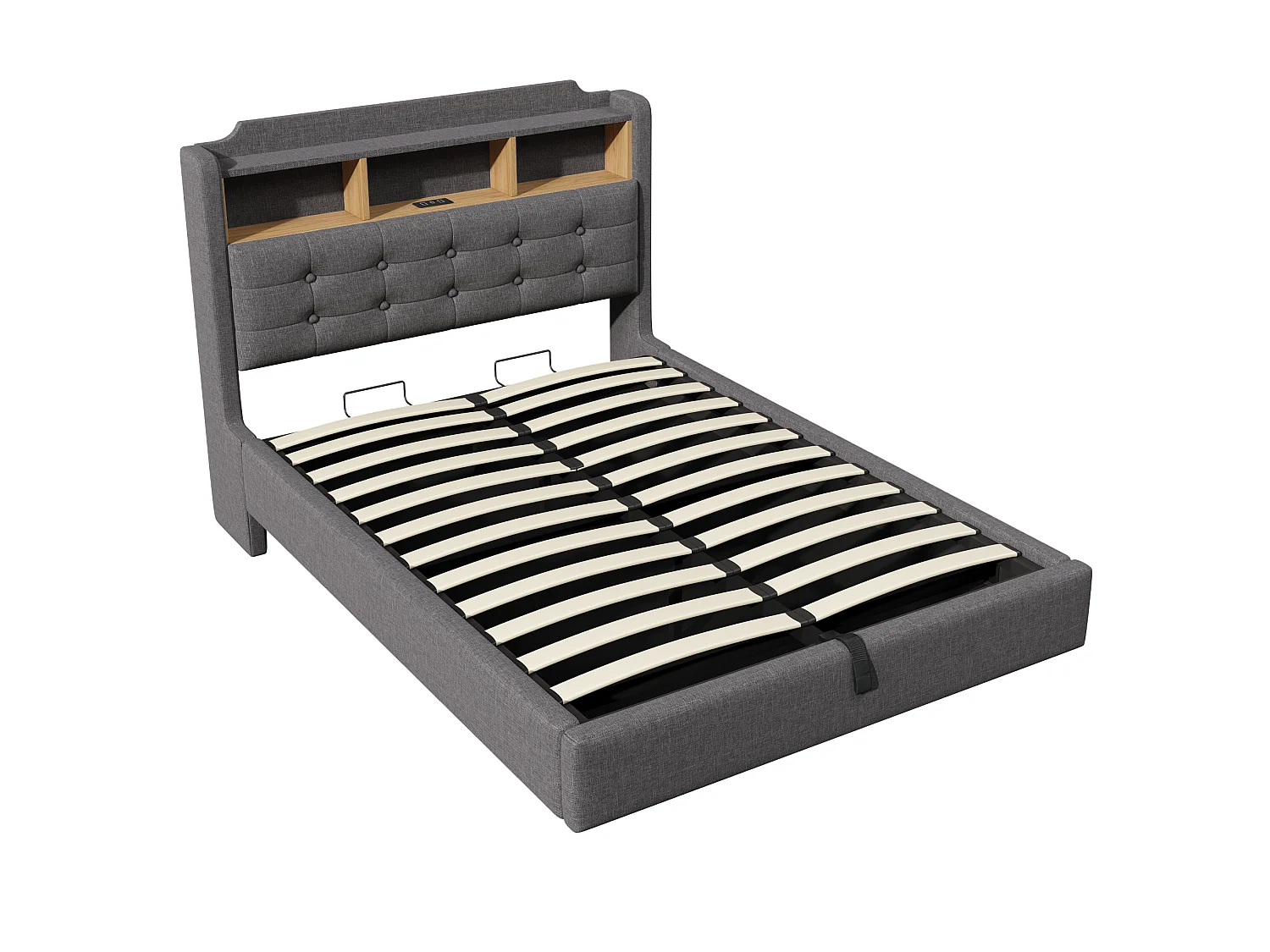 Lit coffre adulte 140x200 cm en lin gris - Avec LED, USB et rangements